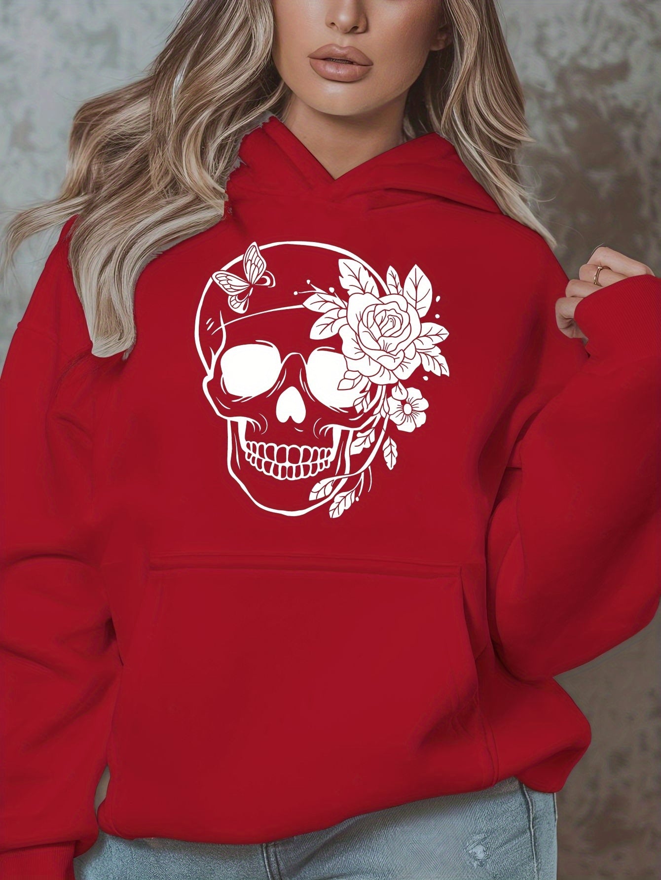 1pc Women'S Plus Size Casual Hoodie with Floral Skull Print, Polyester Knit Sweatshirt, Long Sleeve Pullover with Pockets, Letter Pattern, Round Neck Hooded Top, with Autumn/Winter Fashion