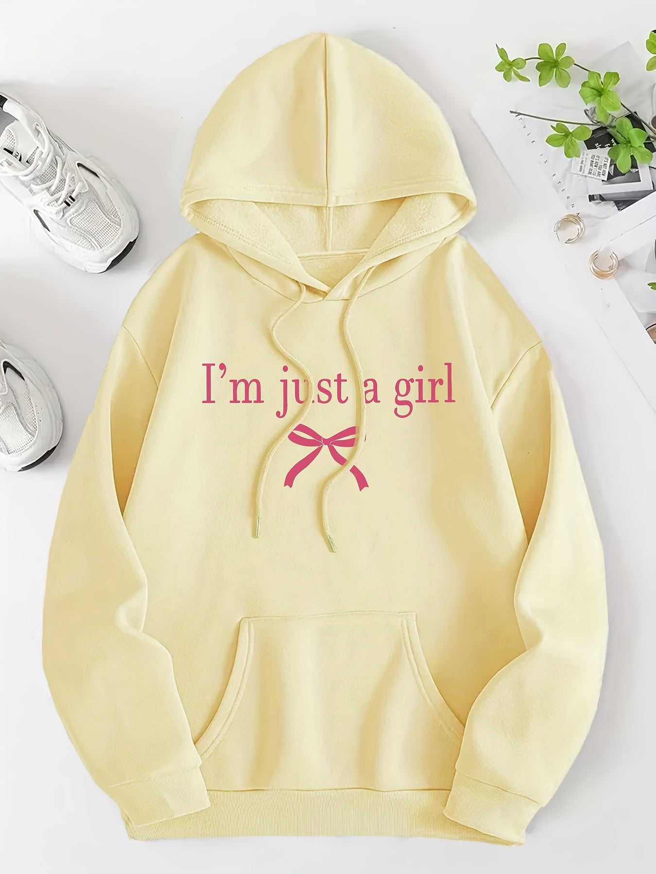 Women'S Casual Letter & Bow Print Hoodie, Polyester Stretch Fabric, Regular Fit with Kangaroo Pocket, Fashionable Pullover Sweatshirt for Adults, Winter Knitwear