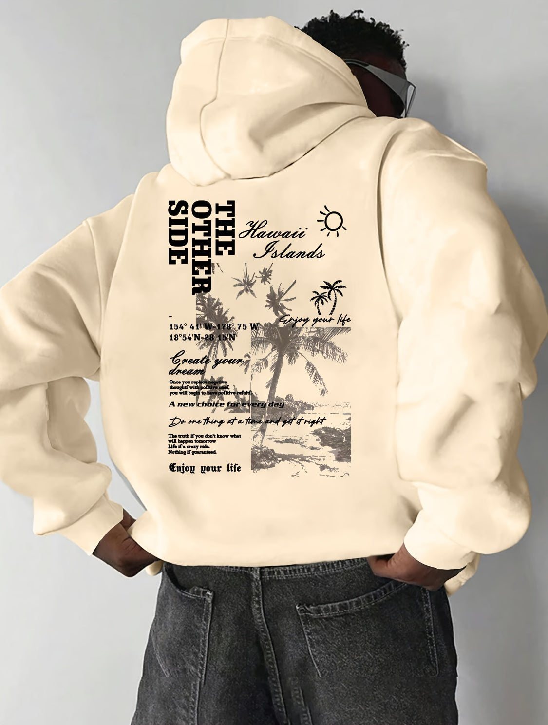 Coconut Tree Print Hoodie, Cool Hoodies for Men, Men's Casual Graphic Design Pullover Hooded Sweatshirt with Kangaroo Pocket Streetwear for Winter Fall, As Gifts