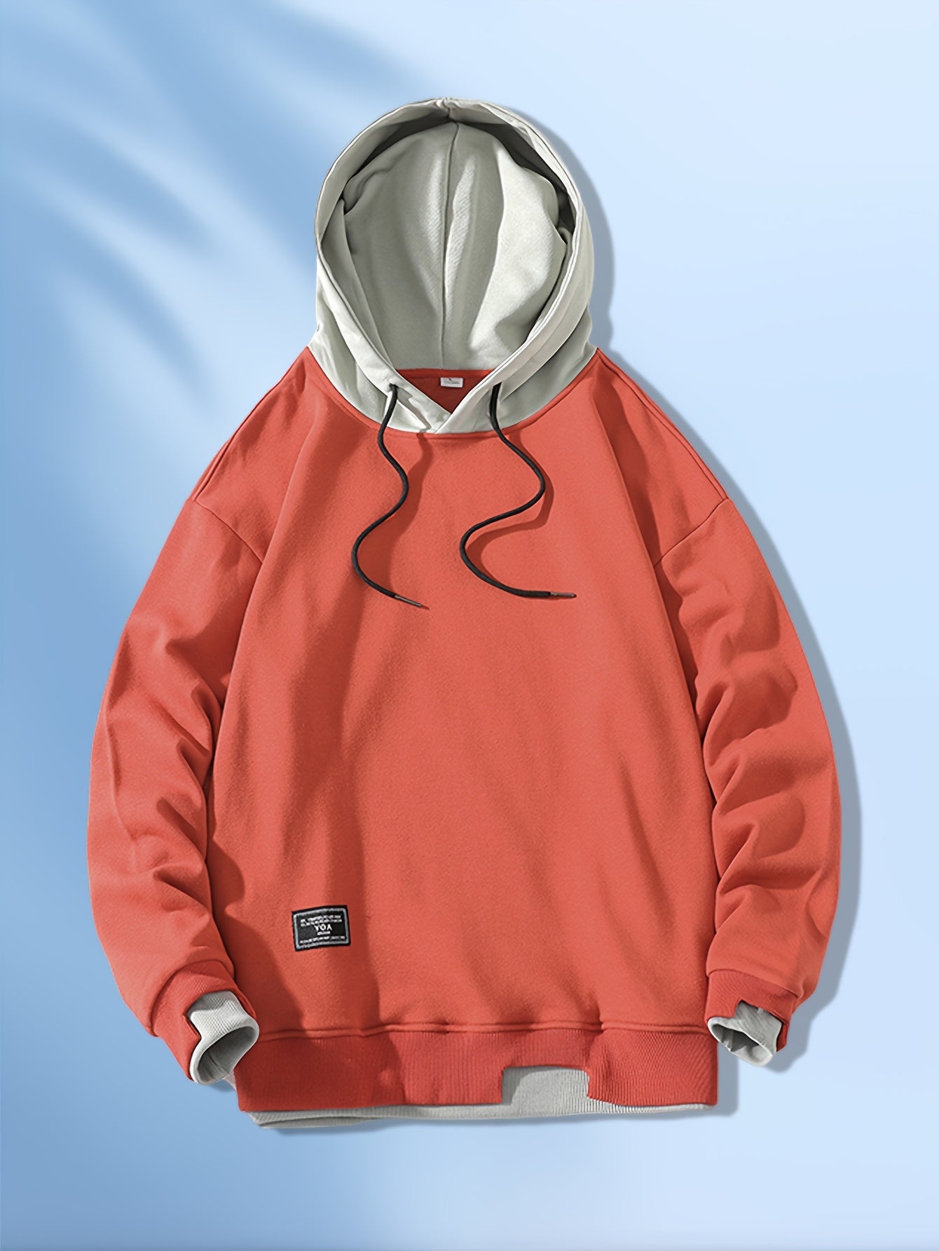 Men'S Fashion Casual Hooded Sweatshirt, 100% Polyester Knit Fabric, Long Sleeve, Loose Fit Pullover with Geometric Applique Design, Medium Stretch, for Spring/Autumn Trendy Streetwear