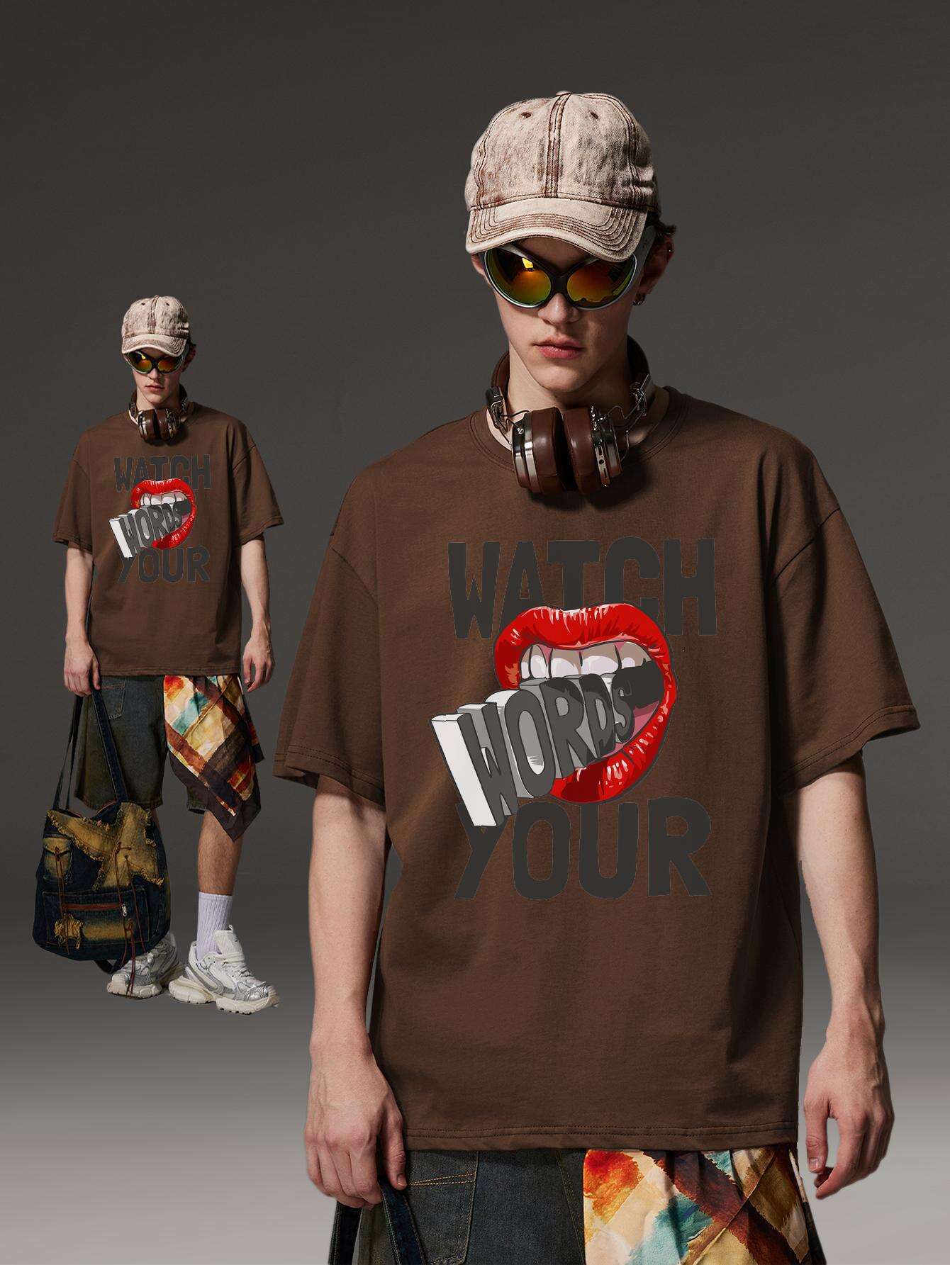 PRIVATHINKER "Watch Your Words" Graphic Tee for Men - Oversized, 100% Cotton, Short Sleeve, Casual Summer Streetwear with Red Lip & Lightning Bolt Design, Machine Washable
