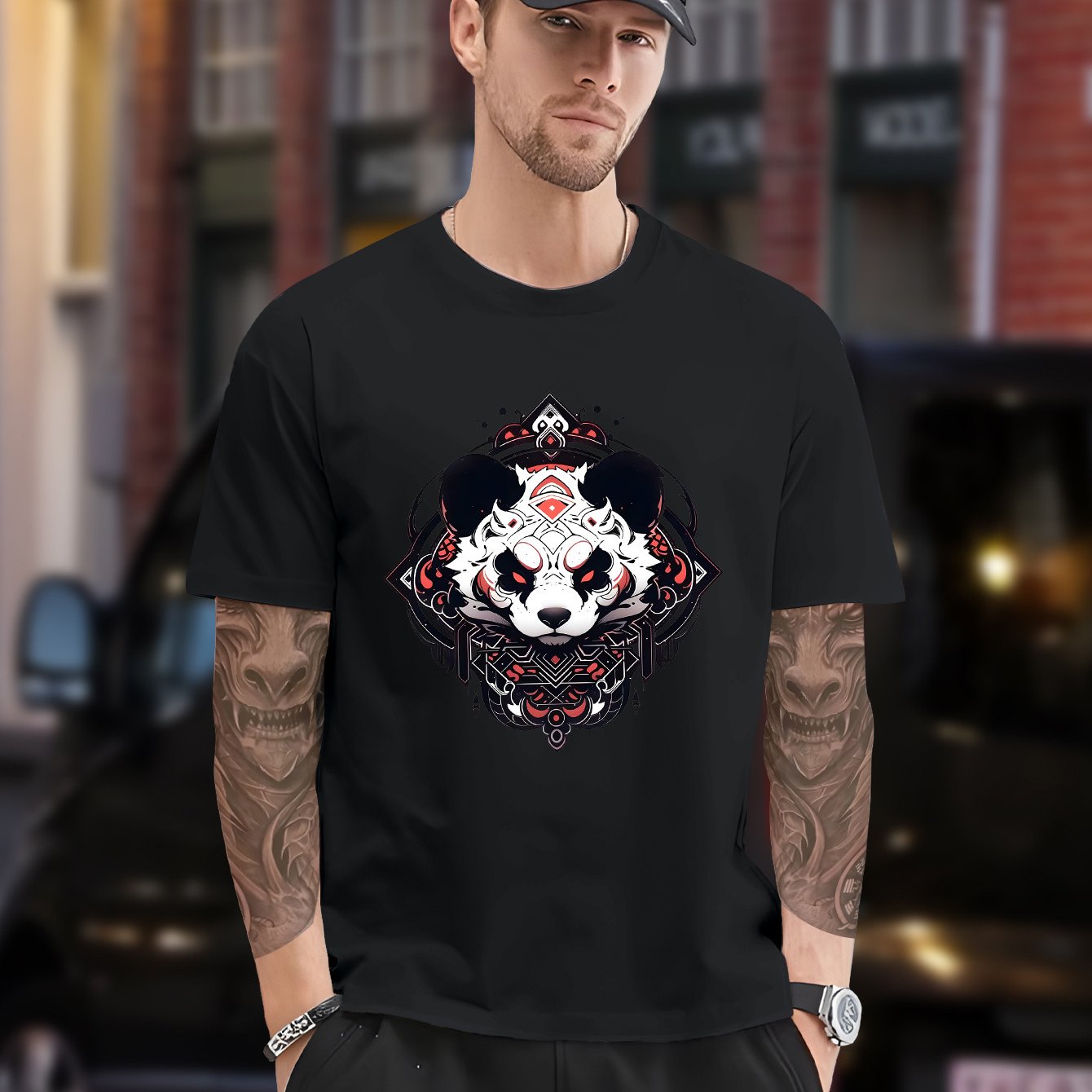 Men's Plus Size Black T-Shirt with Panda Graphic - Casual, Non-Stretch Polyester, Crew Neck, Short Sleeve Tee for Summer, Oversized T Shirt