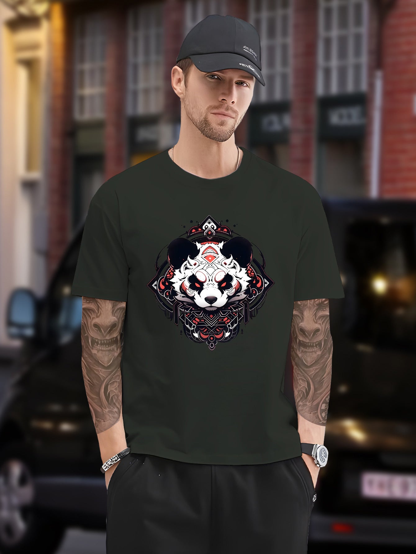 Men's Plus Size Black T-Shirt with Panda Graphic - Casual, Non-Stretch Polyester, Crew Neck, Short Sleeve Tee for Summer, Oversized T Shirt