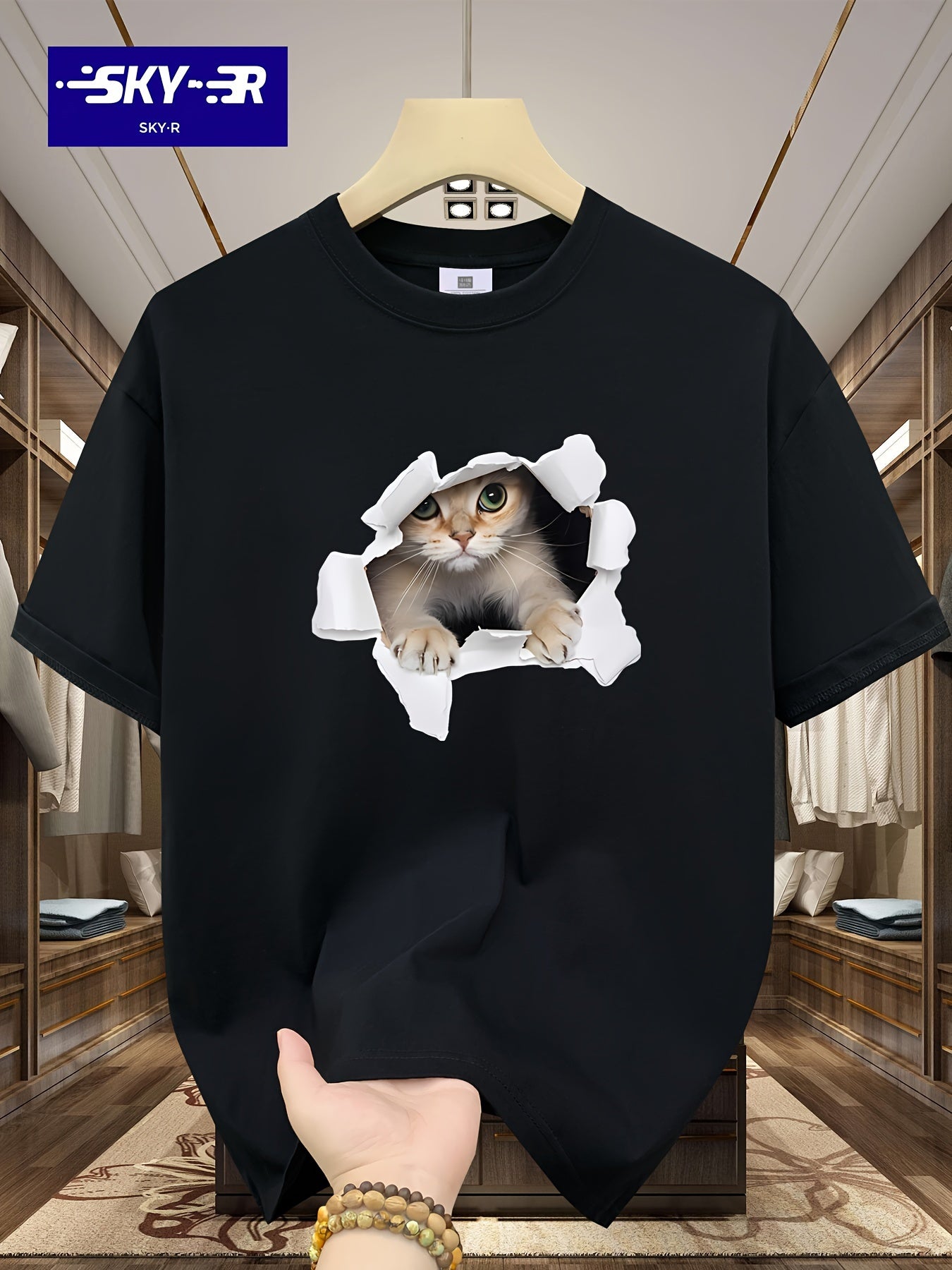 Men's 100% Cotton Loose Cat Graphic Print T-shirt, Short Sleeve Crew Neck Tee, Men's Clothing For Summer Outdoor