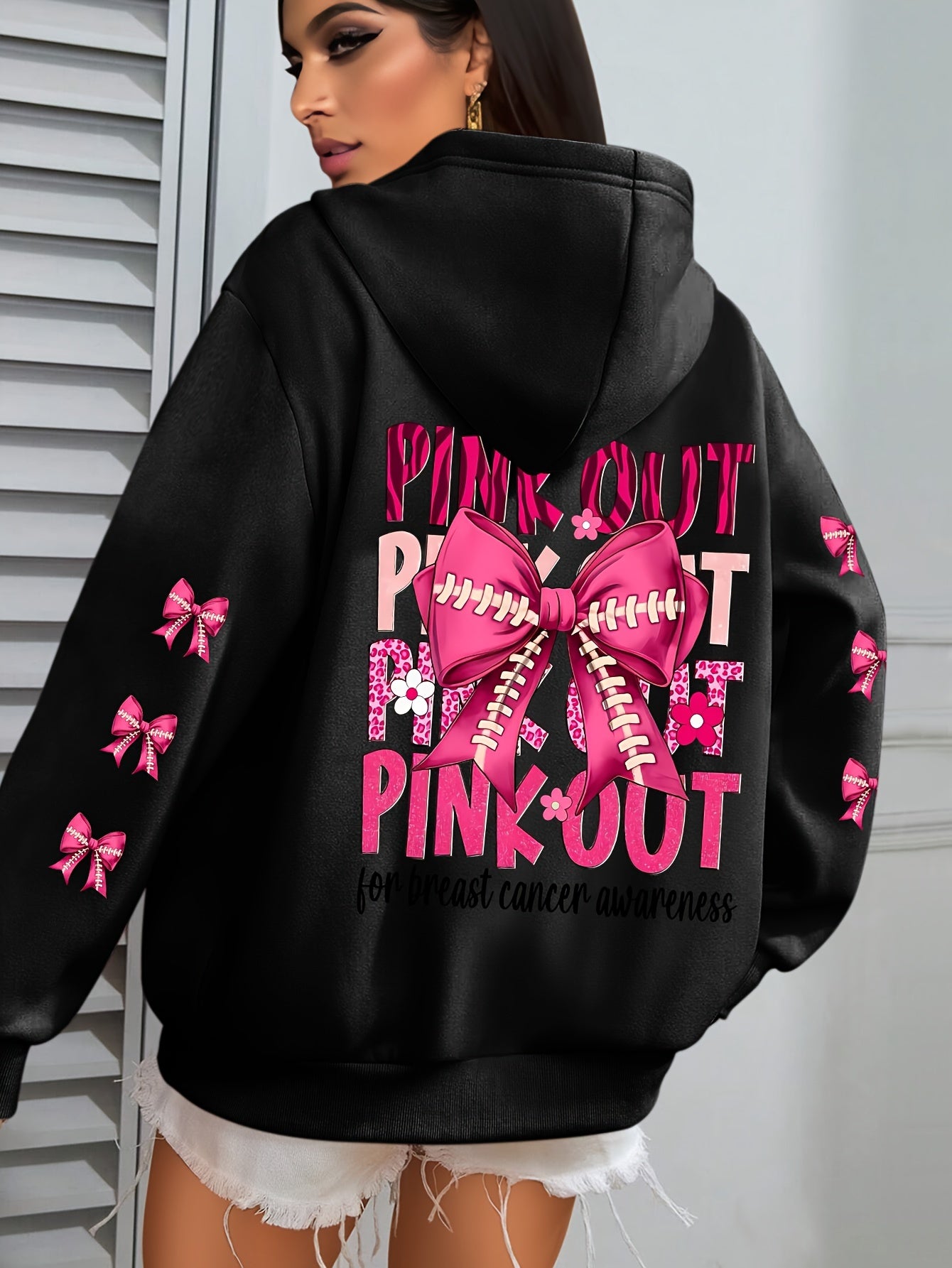 Women'S Plus Size Hoodie with Pink Ribbon Bowknot Print, Casual Long Sleeve Pullover with Pocket, 100% Polyester Knit Fabric, Slight Stretch, Fall/Winter Hooded Sweatshirt, Breast Cancer Awareness Design