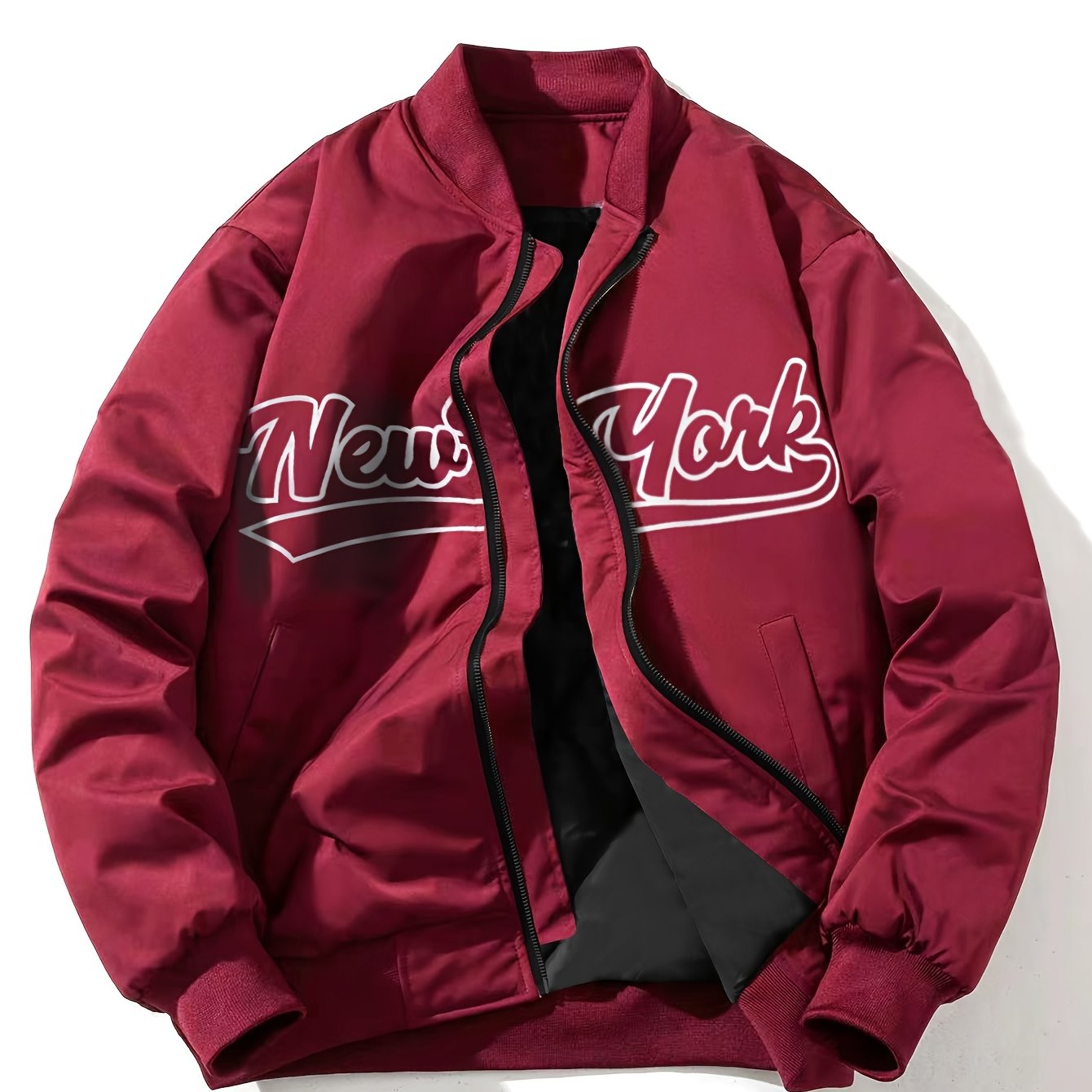 1pc Men'S Casual Bomber Jacket, Polyester 100% Lightweight Windbreaker, Letter Print, Baseball Collar, Long Sleeve, Regular Fit with Pockets, Zippered Front - Daily and Leisure Wear
