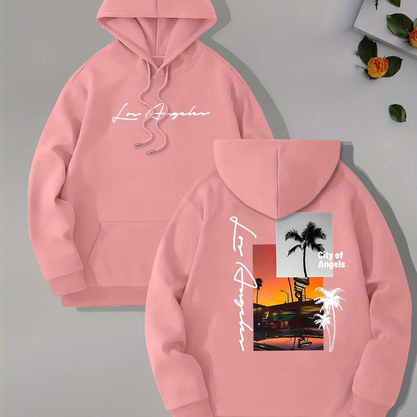 Beach Los Angeles Print Men's Pullover Hoodie, Kangaroo Pocket Long Sleeve Hooded Sweatshirt, Loose Casual Tops, Men's Clothes For Fall Winter
