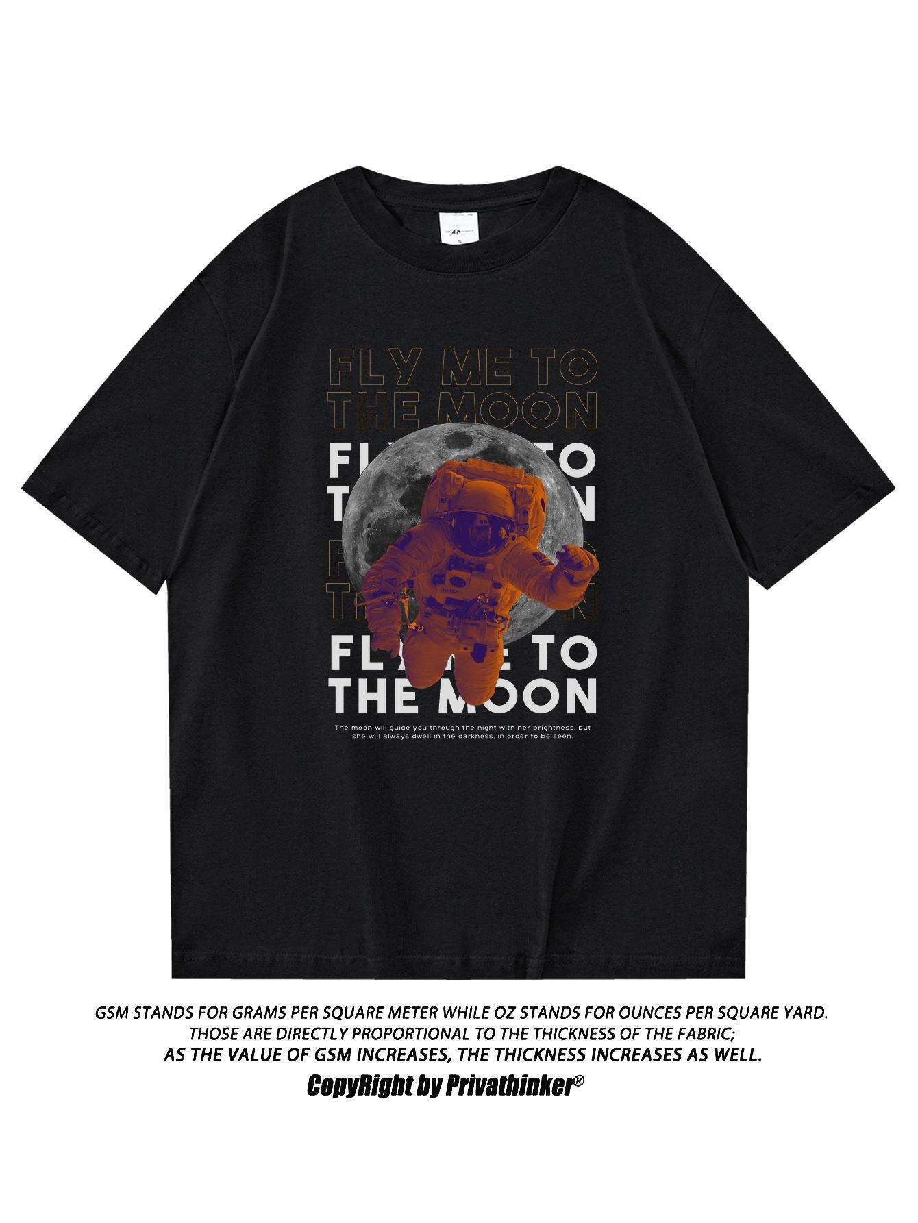 PRIVATHINKER Men's "Fly Me to The Moon" Graphic Tee - 100% Cotton, Oversized & Lightweight, Casual Summer Streetwear with Astronaut & Moon Design, Short Sleeve, Round Neck