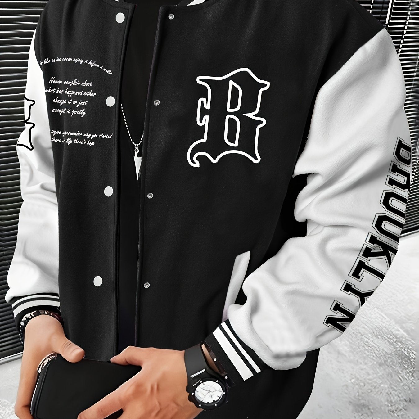 Men's Color Block Varsity Jacket, Casual Baseball Jacket With Letter Embellishment, Comfortable Fit Outerwear