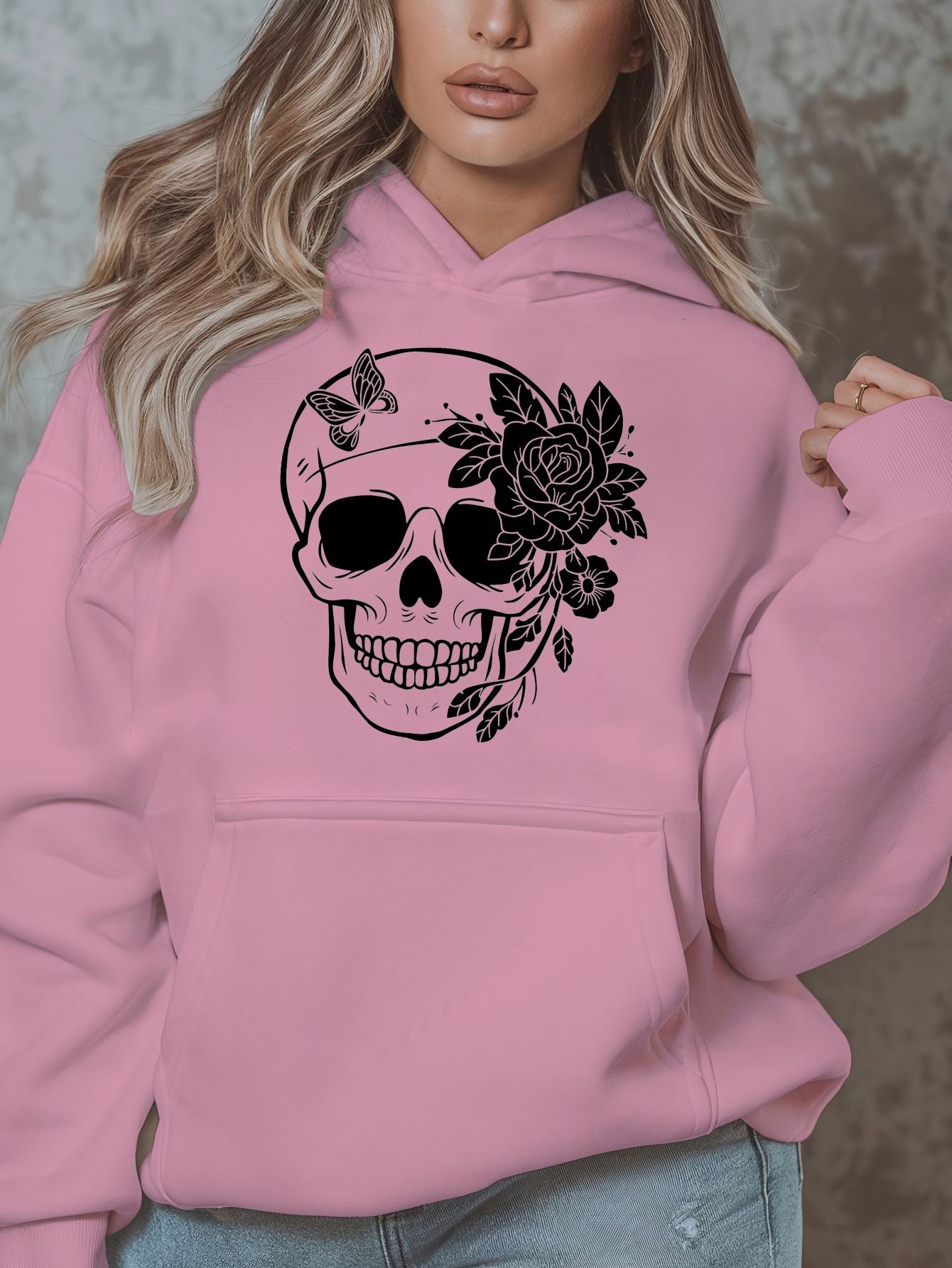 1pc Women'S Plus Size Casual Hoodie with Floral Skull Print, Polyester Knit Sweatshirt, Long Sleeve Pullover with Pockets, Letter Pattern, Round Neck Hooded Top, with Autumn/Winter Fashion