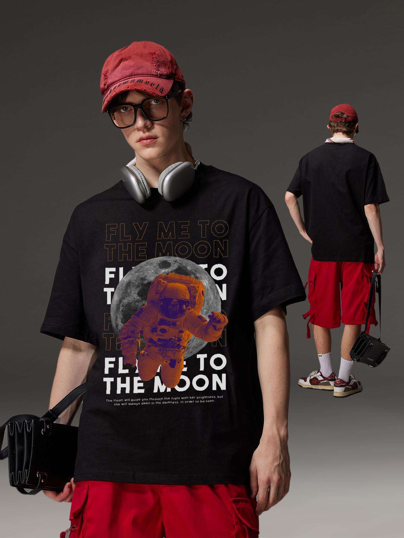PRIVATHINKER Men's "Fly Me to The Moon" Graphic Tee - 100% Cotton, Oversized & Lightweight, Casual Summer Streetwear with Astronaut & Moon Design, Short Sleeve, Round Neck