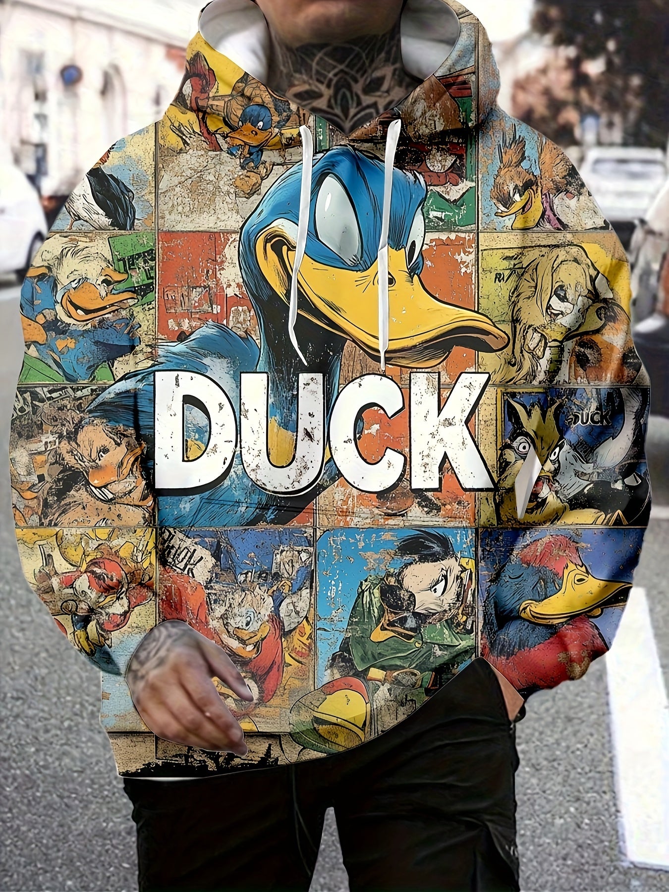 Vintage Cartoon Duck Graphic Print Hoodie - 100% Polyester Knit Fabric, Long Sleeve Hooded Sweatshirt with Slight Stretch, Regular Fit, Unisex Style