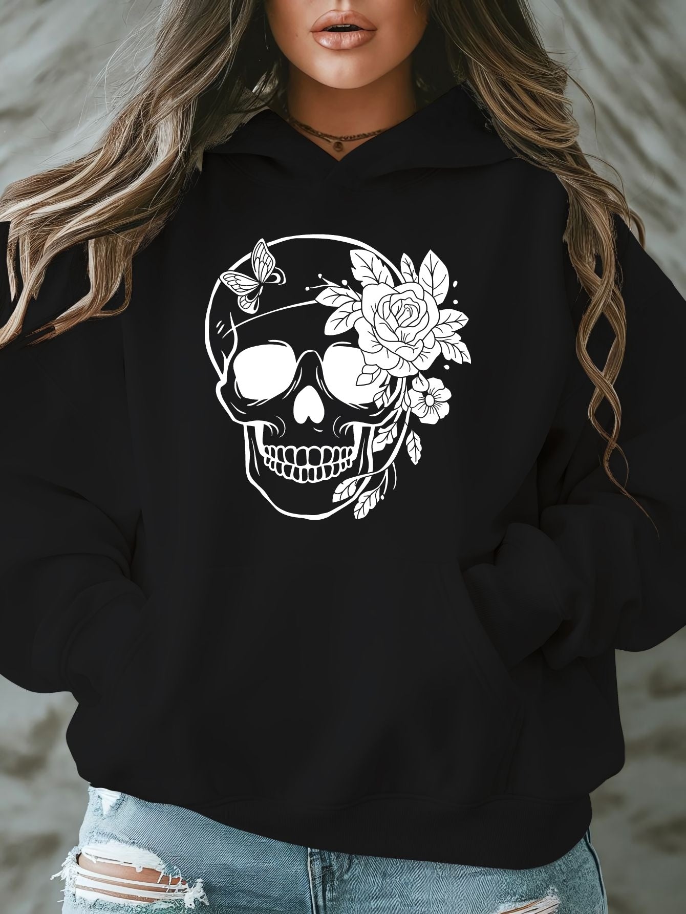 1pc Women'S Plus Size Casual Hoodie with Floral Skull Print, Polyester Knit Sweatshirt, Long Sleeve Pullover with Pockets, Letter Pattern, Round Neck Hooded Top, with Autumn/Winter Fashion