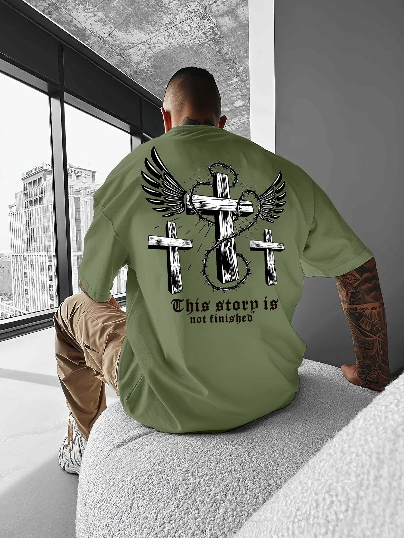 Y2K-Inspired Men's T-Shirt with Winged Cross Design - Casual Streetwear, Breathable Polyester, Summer Outdoor Fashion
