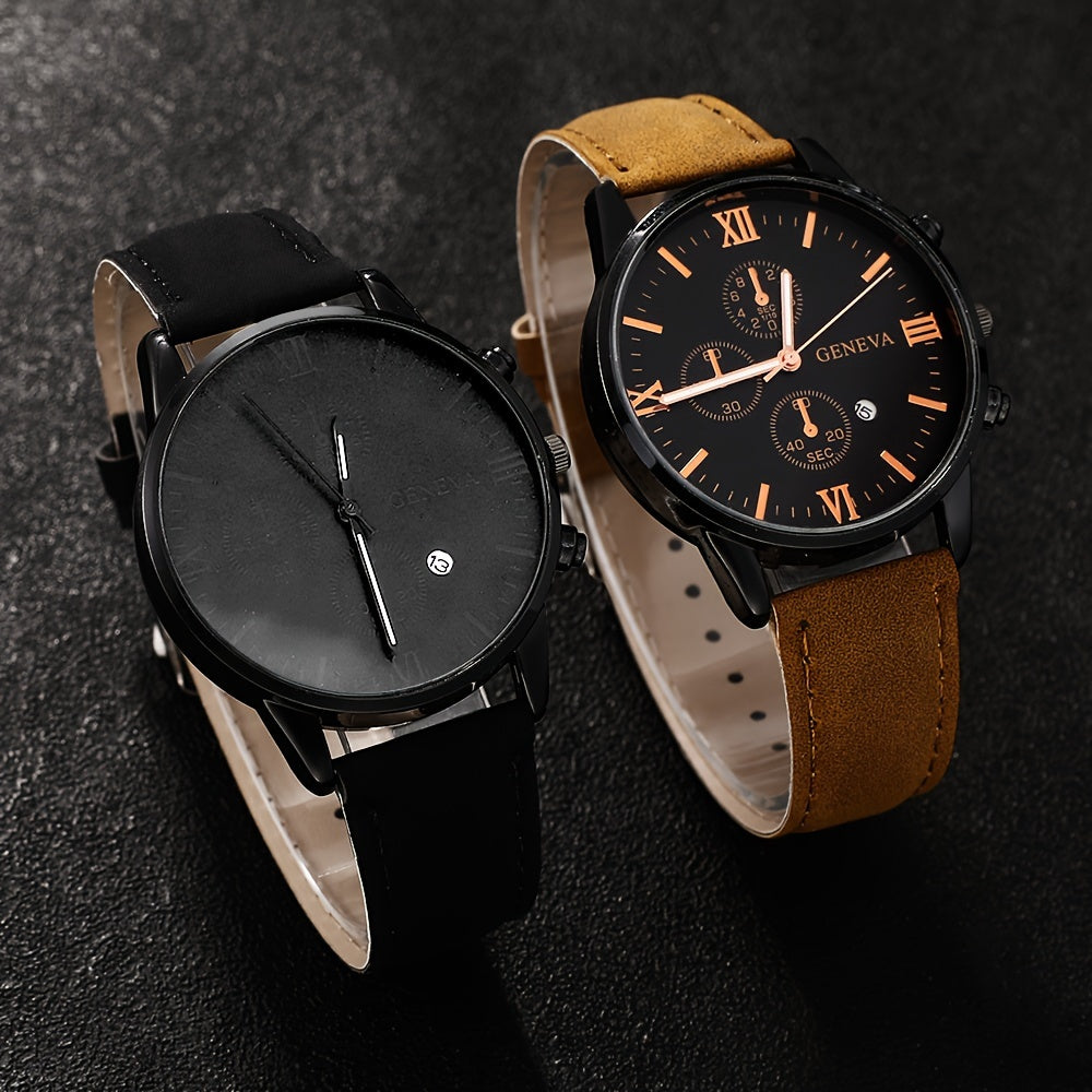2-Piece Luxury Men's Leather Strap Quartz Watch Set with Calendar - Perfect Gift for School, Graduation, or Any Occasion - PU Leather Strap, Non-Waterproof, Analog Display, Alloy Case