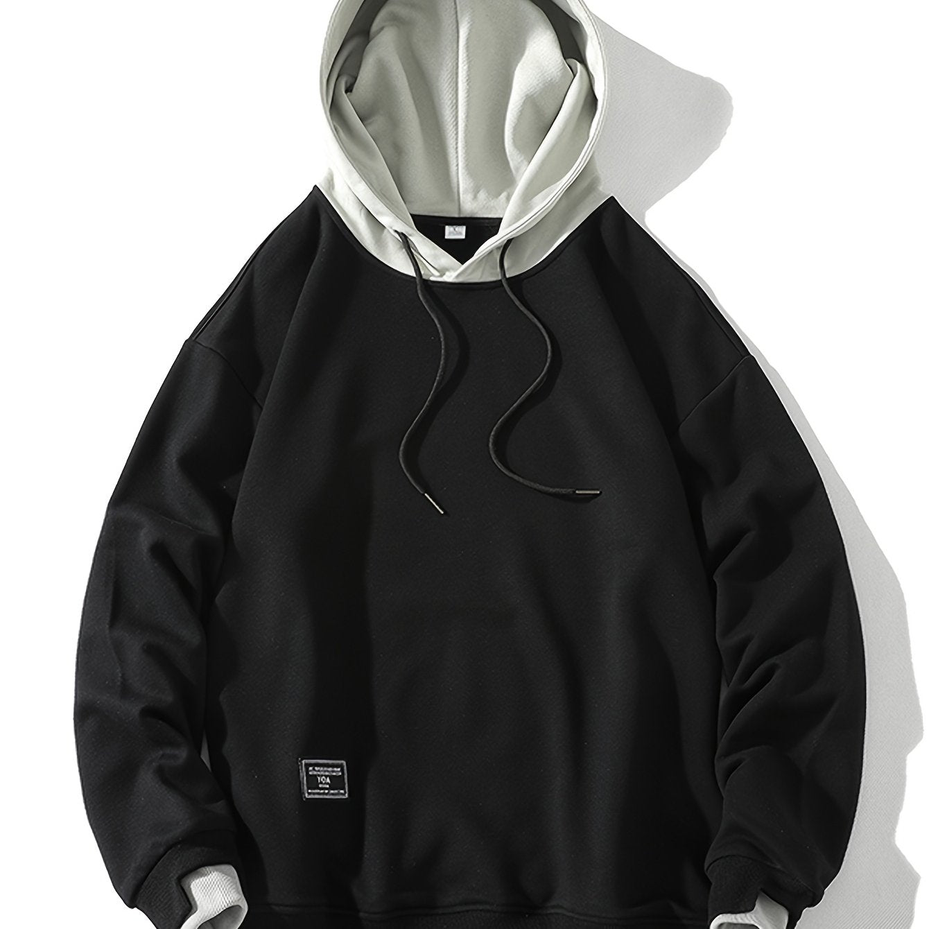 Men'S Fashion Casual Hooded Sweatshirt, 100% Polyester Knit Fabric, Long Sleeve, Loose Fit Pullover with Geometric Applique Design, Medium Stretch, for Spring/Autumn Trendy Streetwear