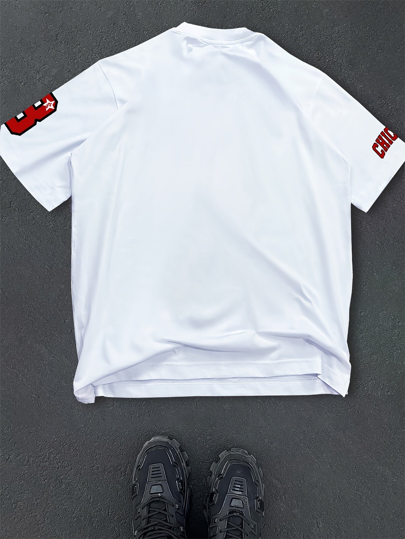 Men's Casual Summer T-Shirt with Printed Lettering and Numbers, Loose Fit, Polyester Knit Fabric, Round Neck, Short Sleeve