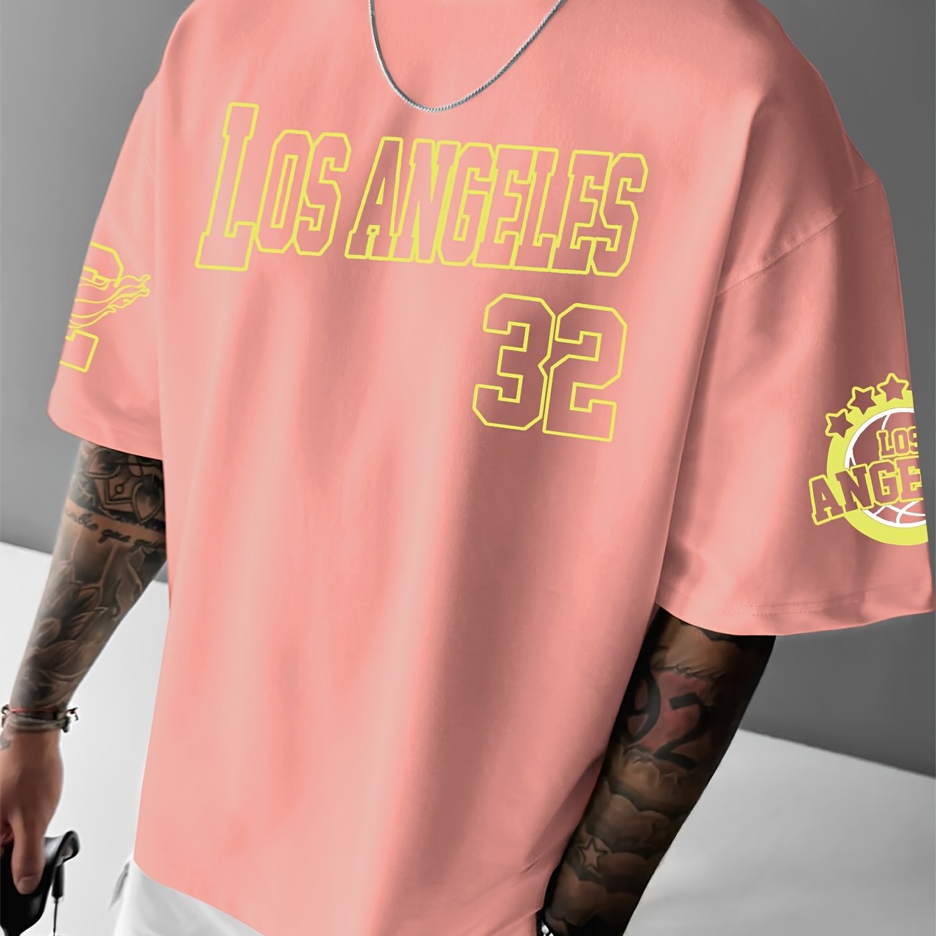 Men'S Fashion Los Angeles Print Casual Loose Crew Neck T-Shirt, 100% Polyester Knit Fabric, Slight Stretch, for Summer Wear
