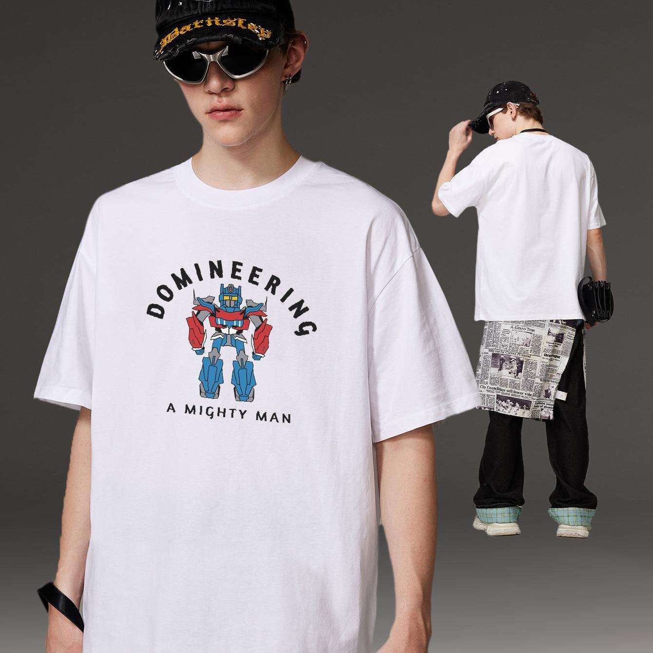 PRIVATHINKER "Domineering A Mighty for Man" Graphic Tee - 100% Cotton, Oversized Casual Hip Hop Style, Short Sleeve T-Shirt with Robot Print, Summer Streetwear for Men and Women