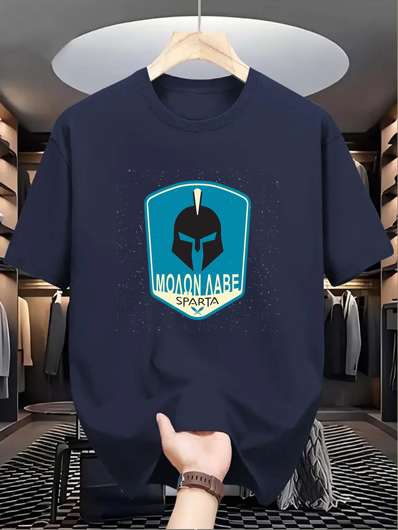 Men's SPARTA Graphic Tee - Beige Crew Neck Short Sleeve T-Shirt with Blue Spartan Helmet Design, 100% Polyester, Casual Summer Wear for Everyday & Special Occasions, Cool Oversized Tee Shirts