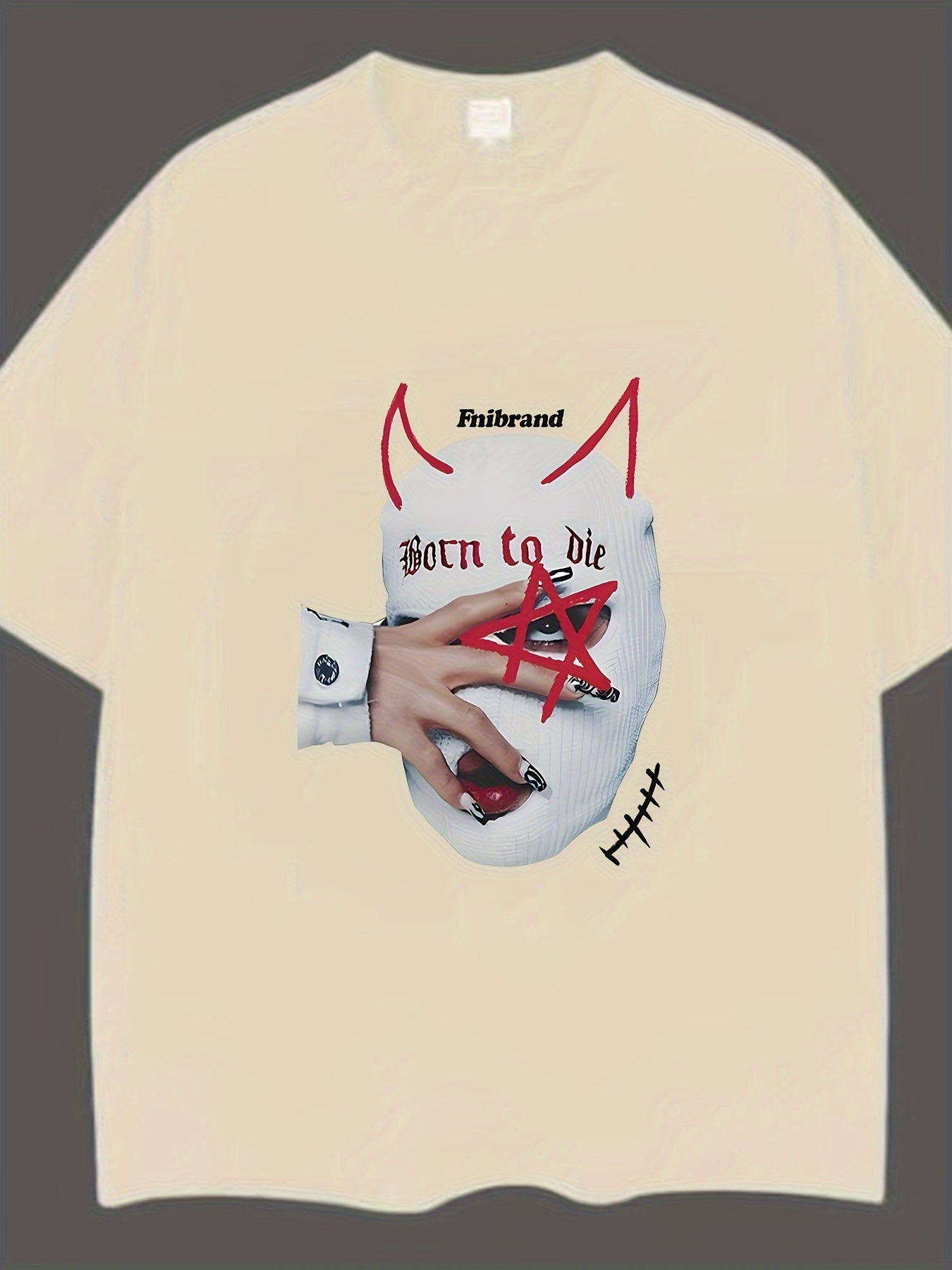 Retro-Inspired "Born to Die" Graphic Cotton Tee for Men - Loose Fit, Drop Shoulder, Short Sleeve with Unique Star and Hand Print Design, Round Neck - Casual Summer Wear