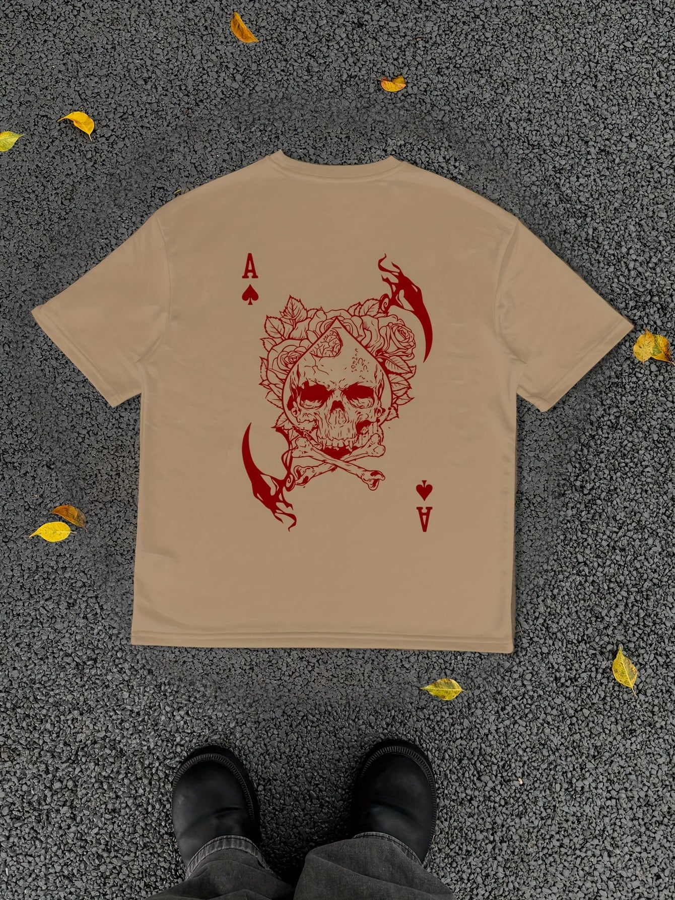 Men's Casual Hip-Hop Street Style Death Skull Ace of Spades Print T-Shirt - Loose Fit, Round Neck, Polyester Knit Fabric, Summer Collection