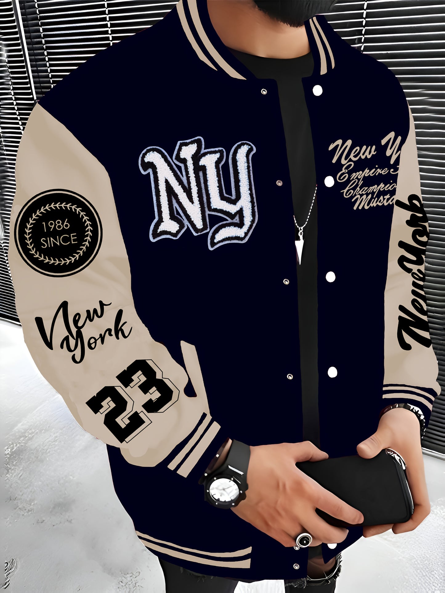 New York Embroidered Varsity Jacket - Men's Casual Fleece-Lined Baseball Coat, Lightweight & Warm for Fall/Winter, Machine Washable, Autumn, Hip Hop, Christmas & New Year, Leisure Style, Leisure Outing Occasion, Conventional