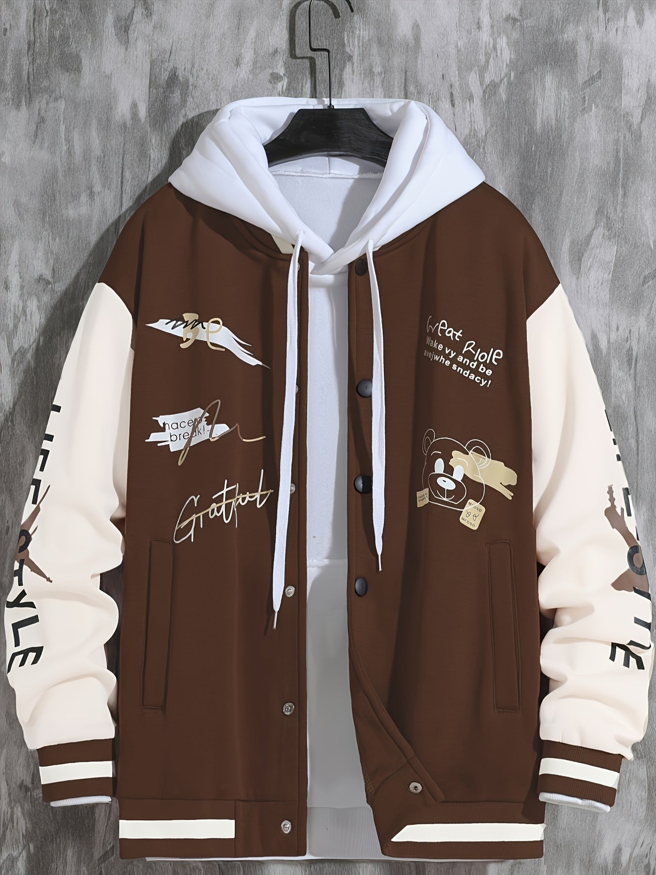 Men'S Casual Baseball Jacket, Polyester 100% Knit Fabric, Long Sleeve with Alphabet Pattern, Regular Length, Button Closure, Baseball Collar, Single Breasted Placket, Loose Fit, 200g/m² Weight - Spring/Fall Fashion