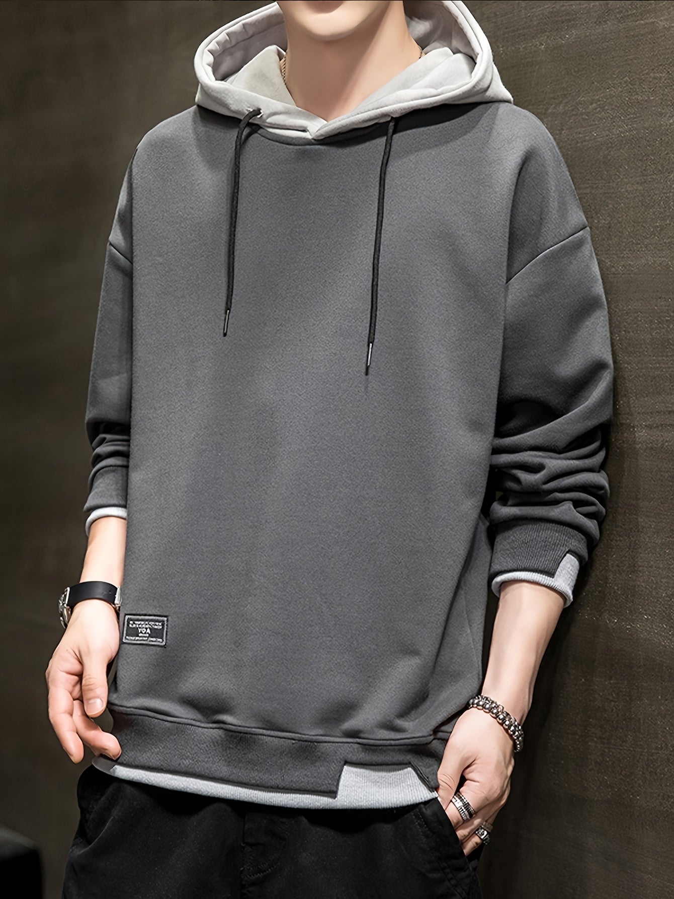 Men'S Fashion Casual Hooded Sweatshirt, 100% Polyester Knit Fabric, Long Sleeve, Loose Fit Pullover with Geometric Applique Design, Medium Stretch, for Spring/Autumn Trendy Streetwear