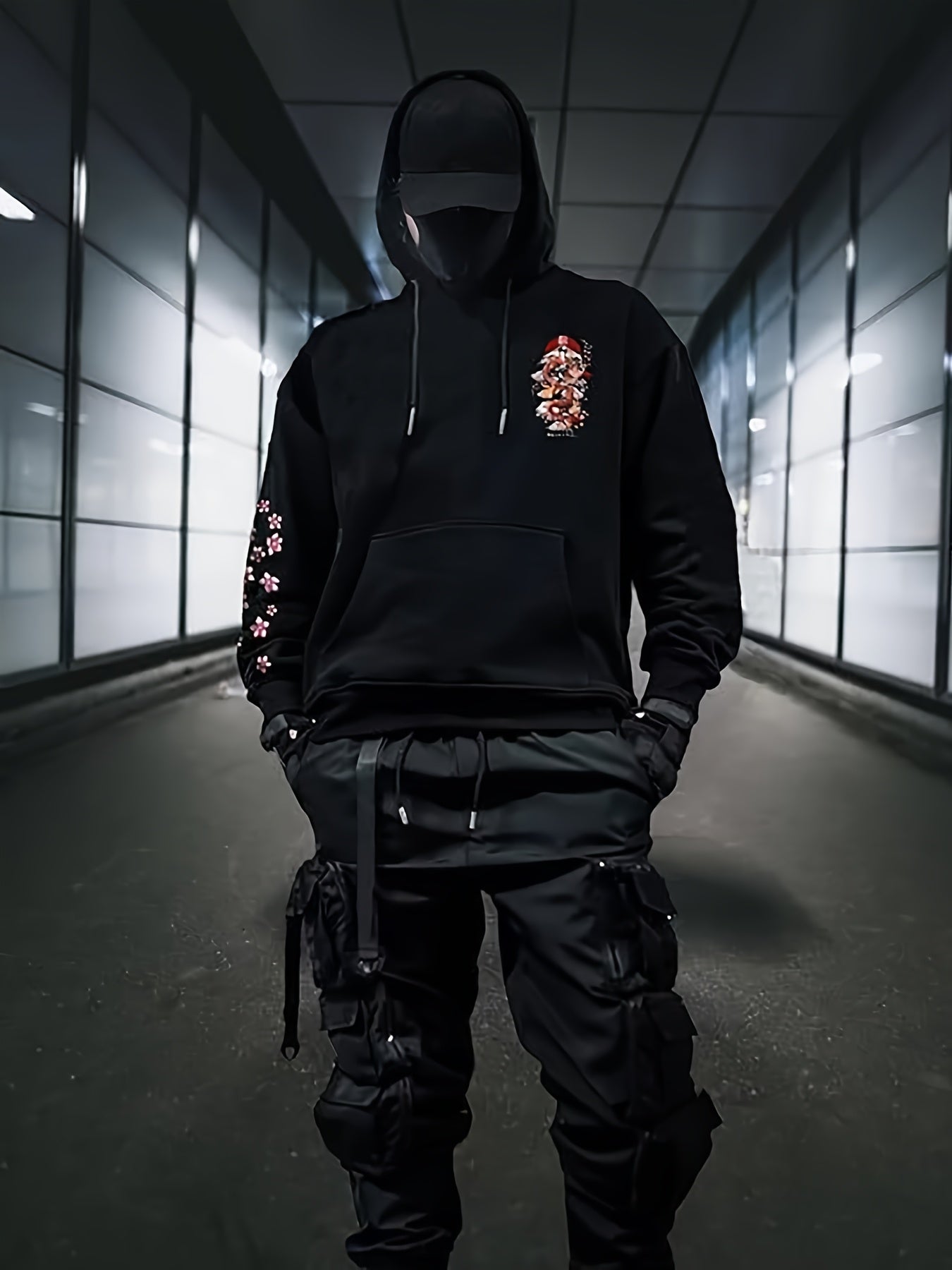 Men's Casual Black Hoodie with Japanese Cherry Blossom & Dragon Print - Comfortable Polyester Long Sleeve Pullover with Drawstring, Machine Washable, Ideal for Everyday & Outdoor Wear, Essential Hoodie