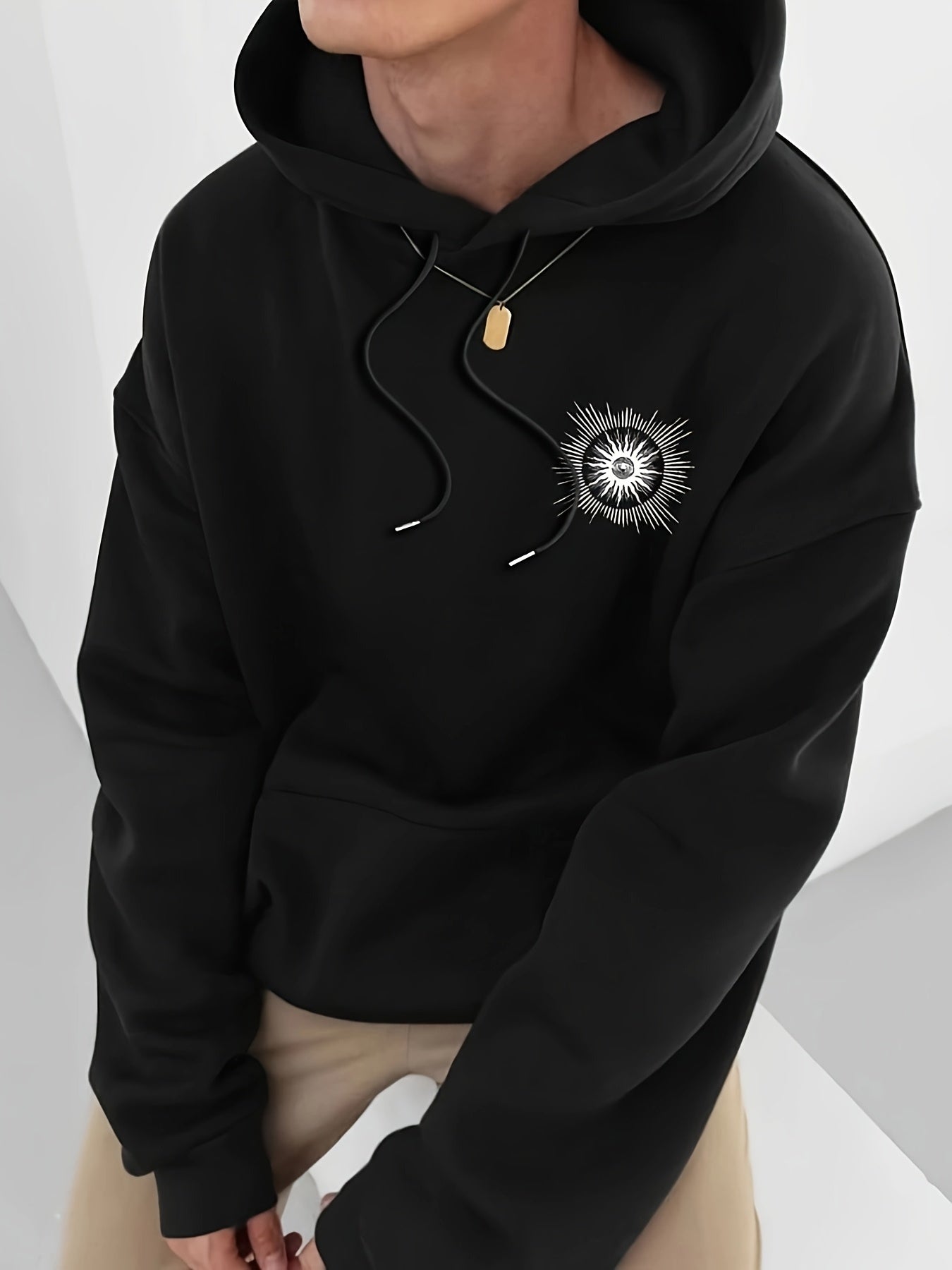 Men'S Casual Hooded Sweatshirt with Finger Print Eye Graphic, French Terry Fabric, Loose Fit Knit Hoodie with Pocket, Non-Stretch Hoodie for Daily Outdoor Wear
