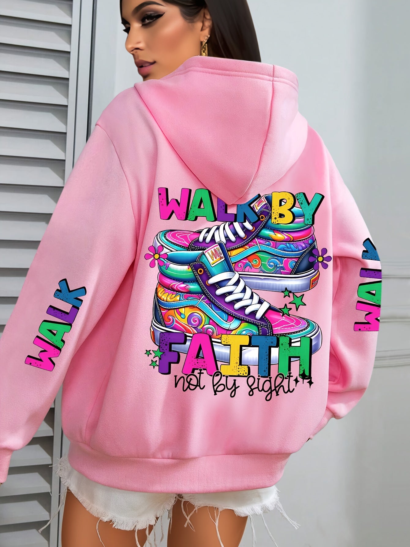 Plus Size Women's Hoodie with Colorful Walk Shoes Print - Casual Long Sleeve Pullover with Pocket, Cozy Polyester Hooded Sweatshirt for Fall & Winter, Fall Fashion Hoodie|Vibrant Shoe Design|Machine Washable Top
