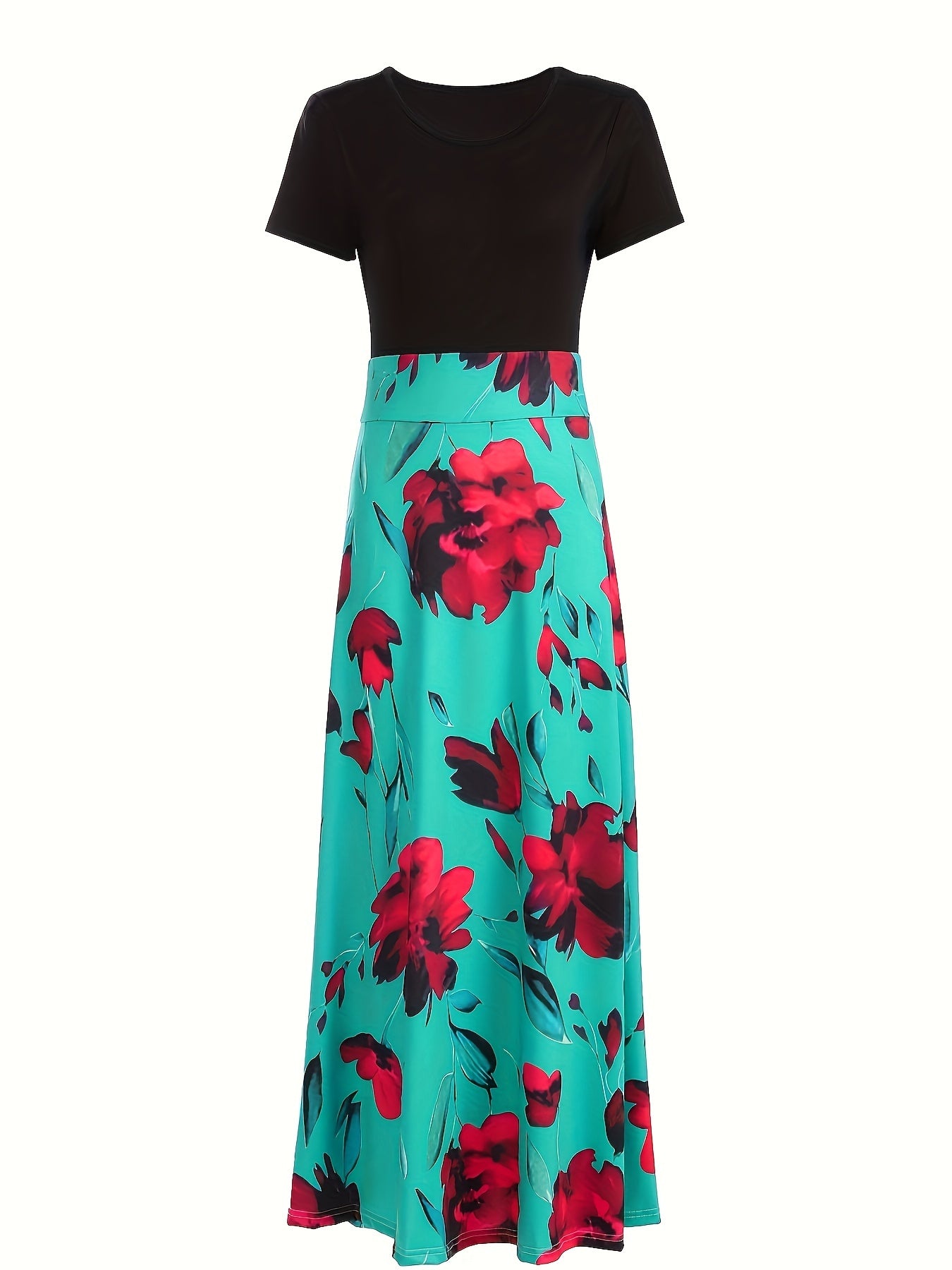 Floral Print Splicing Maxi Dress, Casual Crew Neck Short Sleeve Dress For Spring & Summer, Women's Clothing