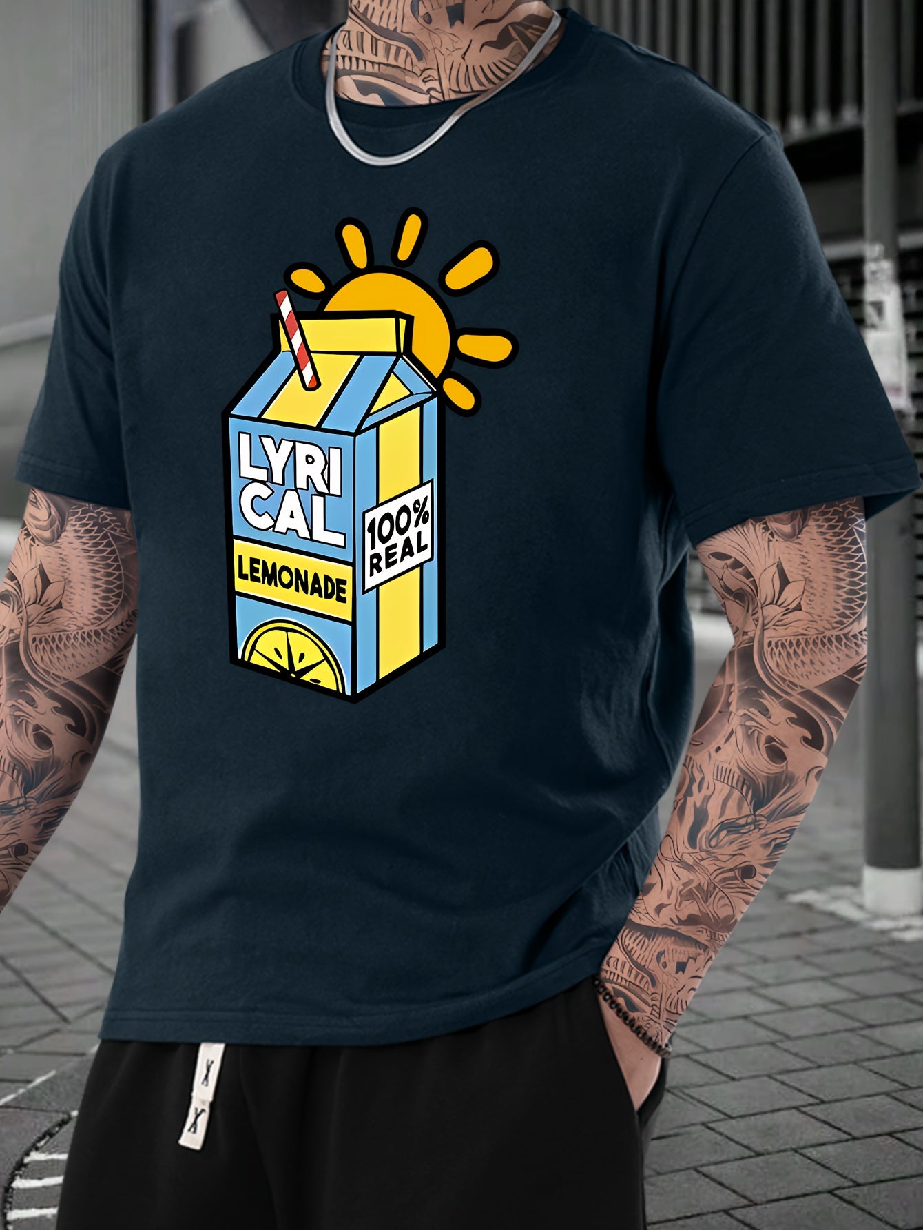 Lemonade Print, Men's Crew Neck Short Sleeve Fashion T-Shirt, Casual Comfy Top For Spring & Summer Holiday Leisure Vacation, Men's Clothing As Gift