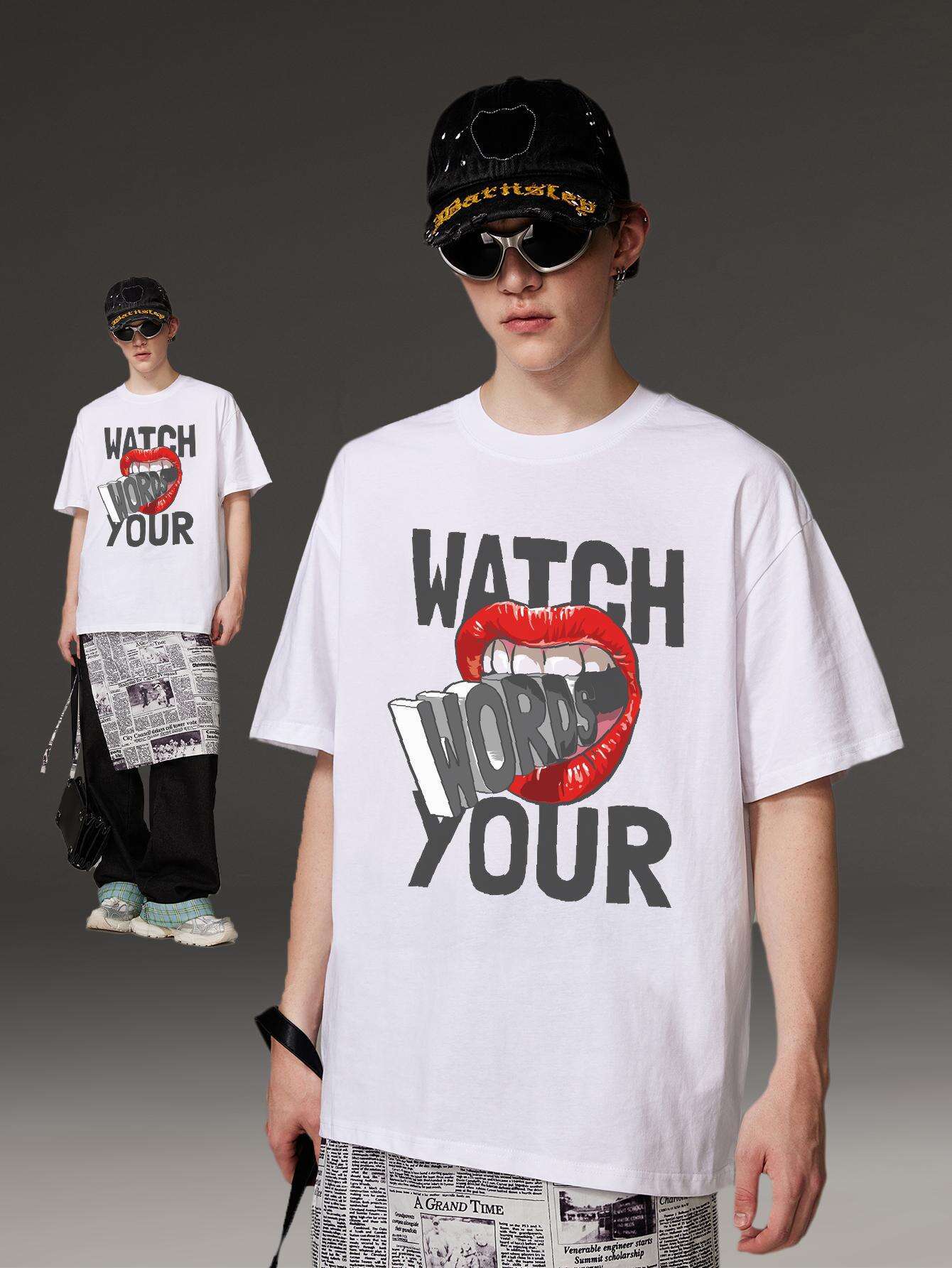 PRIVATHINKER "Watch Your Words" Graphic Tee for Men - Oversized, 100% Cotton, Short Sleeve, Casual Summer Streetwear with Red Lip & Lightning Bolt Design, Machine Washable