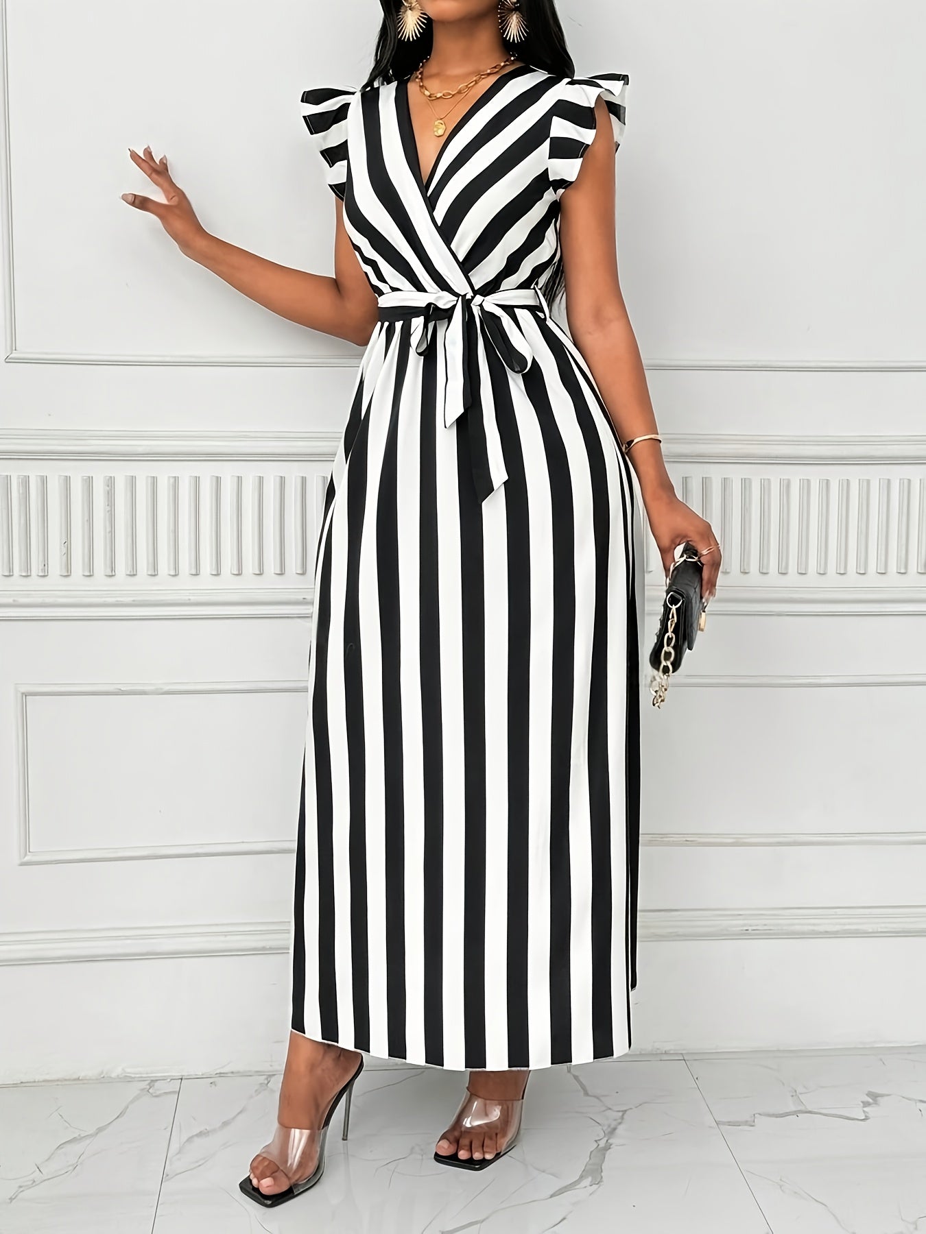 Elegant Women'S Long Dress with V-Neck and Butterfly Sleeves, Black and White Vertical Stripe Print, Polyester 100%, Lace-Up Detail, All-Season Pinafore Style