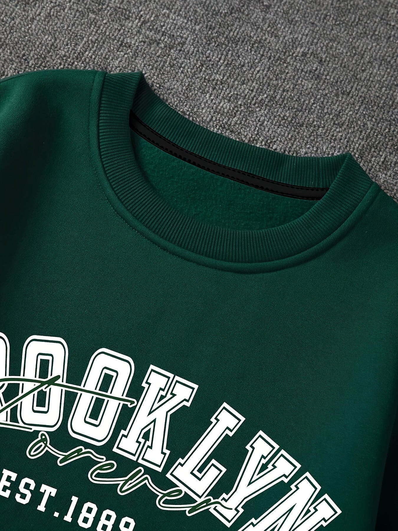 Brooklyn 1889 Graphic Crew Neck Sweatshirt - Casual Style French Terry Polyester 100% Non-Stretch Knit Fabric, Loose Fit Alphabet Patterned Pullover for Men