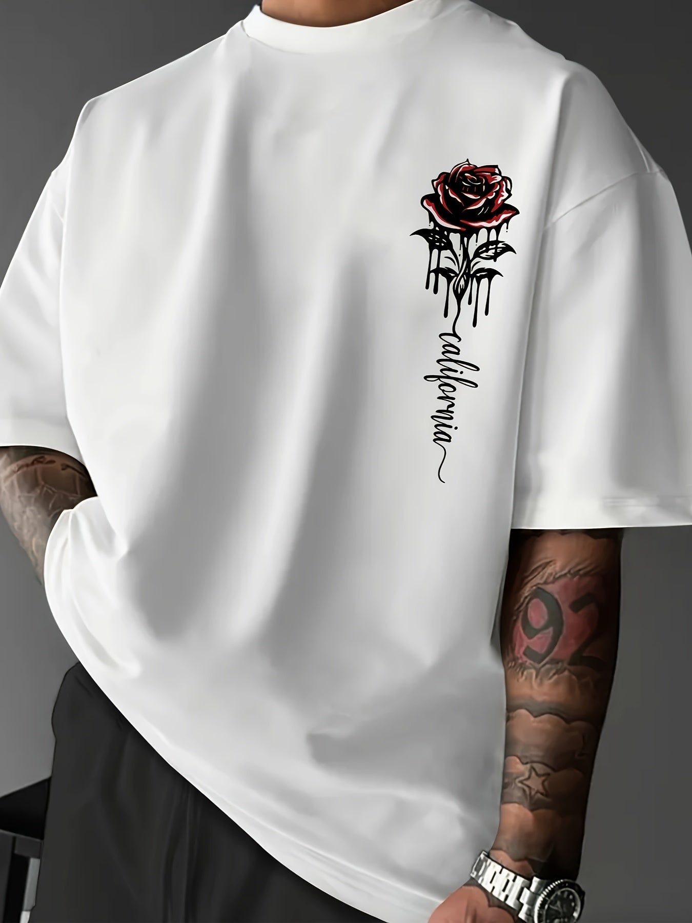Men's Casual Rose Print T-Shirt - Loose Fit, Crew Neck, Polyester Blend, Summer Wear