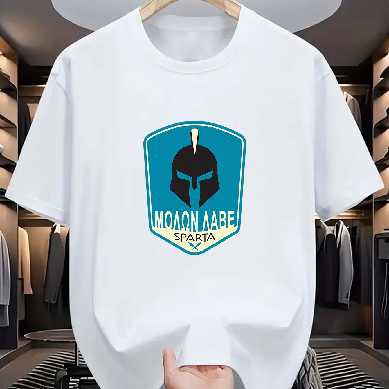Men's SPARTA Graphic Tee - Beige Crew Neck Short Sleeve T-Shirt with Blue Spartan Helmet Design, 100% Polyester, Casual Summer Wear for Everyday & Special Occasions, Cool Oversized Tee Shirts