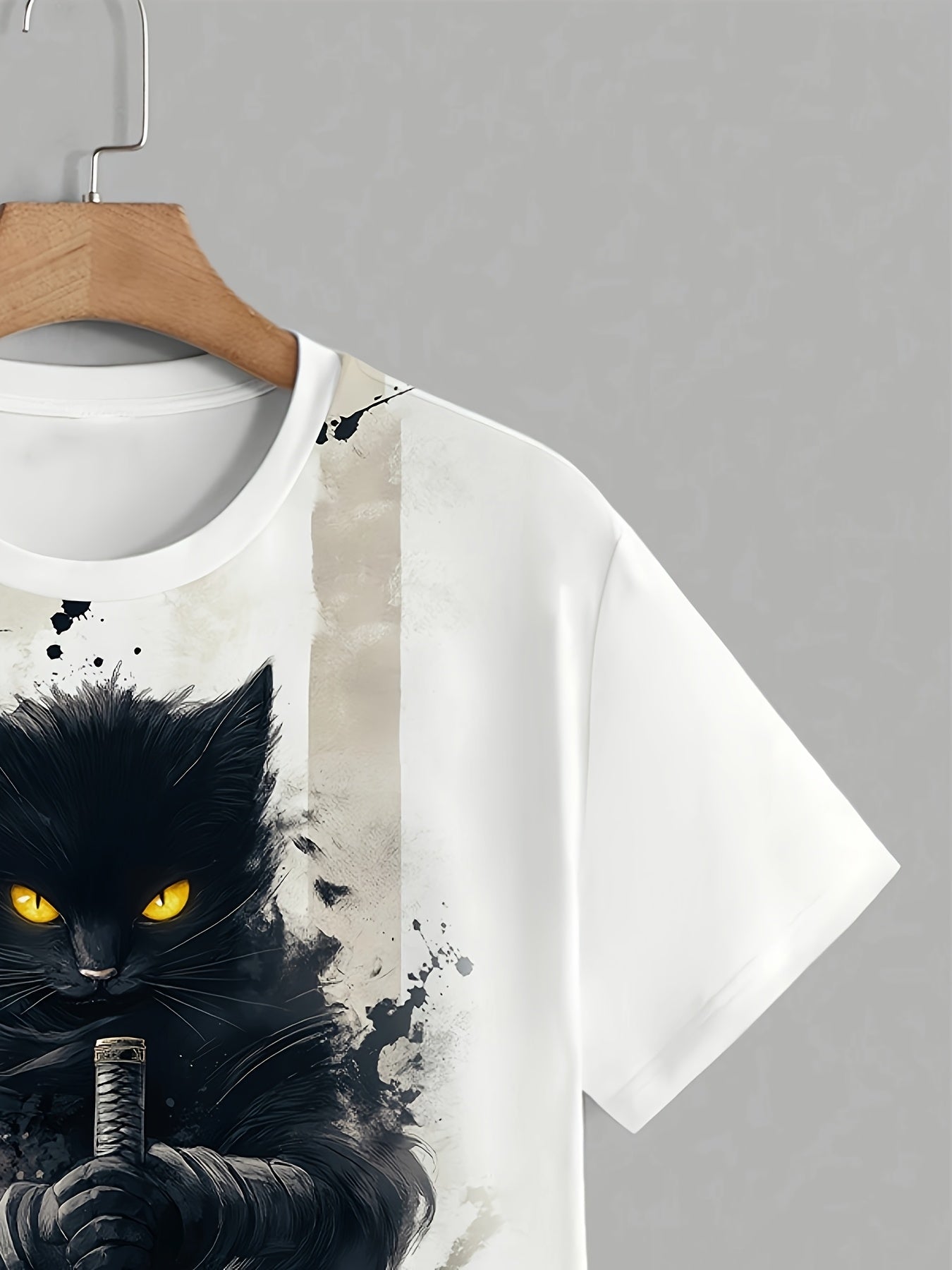 1pc Men'S Samurai Cat Print T-Shirt - Casual Crew Neck, Polyester Knit Fabric with Slight Stretch, Summer Fashion Top with Eye-Catching Visual Effect