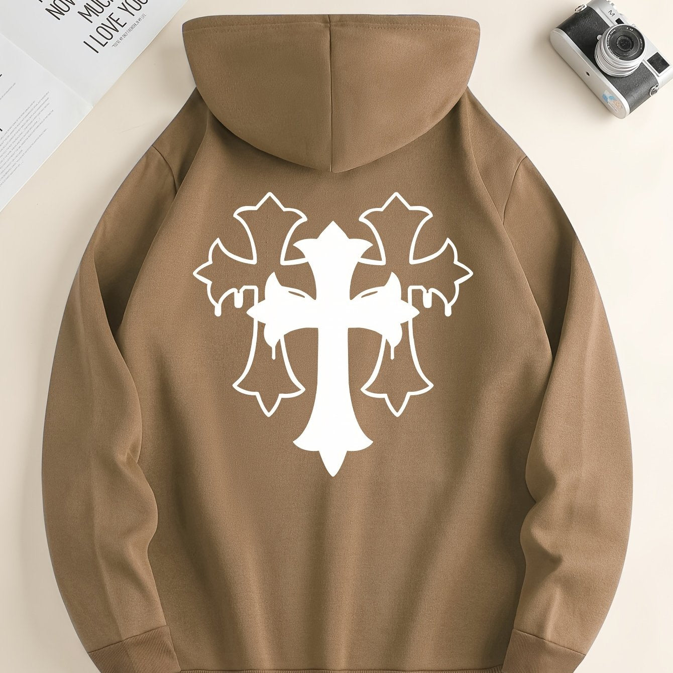 Cross Print Men's Simple Style Pullover Hoodies With Kangaroo Pocket Long Sleeve Hooded Sweatshirt Loose Casual Top For Autumn Winter Men's Clothing As Gifts