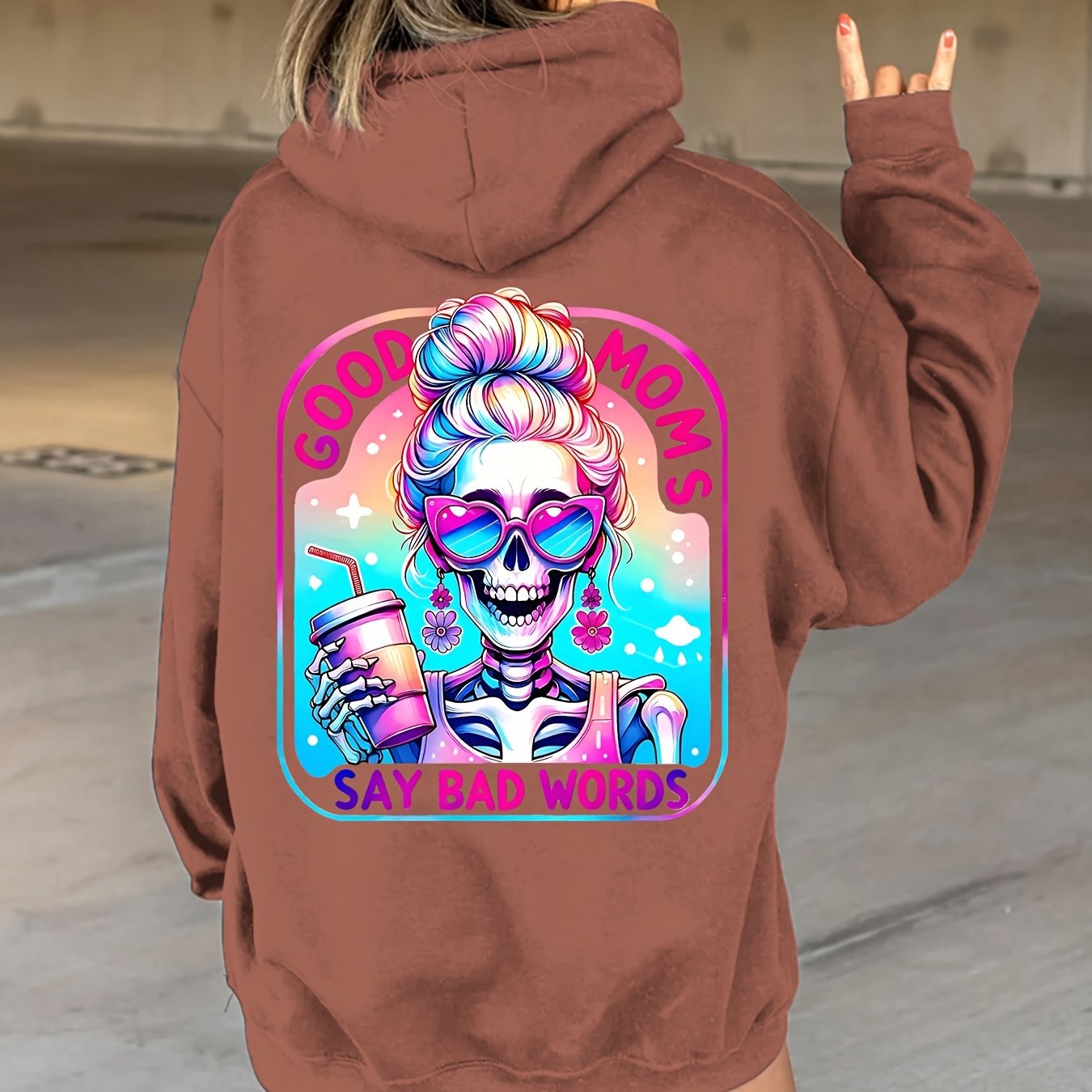 Plus Size Good Moms Say Bad Words Print Hoodie, Casual Kangaroo Pocket Drawstring Long Sleeve Hooded Sweatshirt, Women's Plus Size Clothing