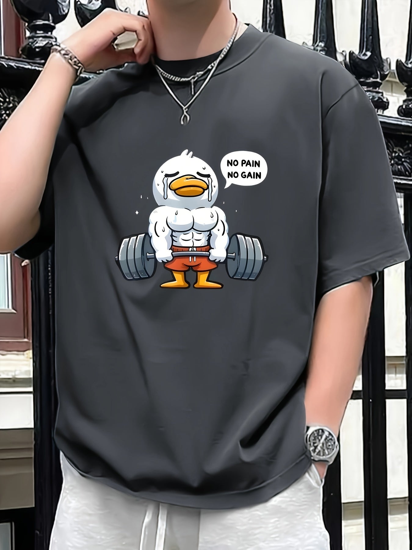 No Pain No Gain" Men's Motivational T-Shirt - Muscular Duck Cartoon Print, 100% Cotton, Short Sleeve, Round Neck, Casual Street Style Tee for Summer & Spring, Oversized T Shirt