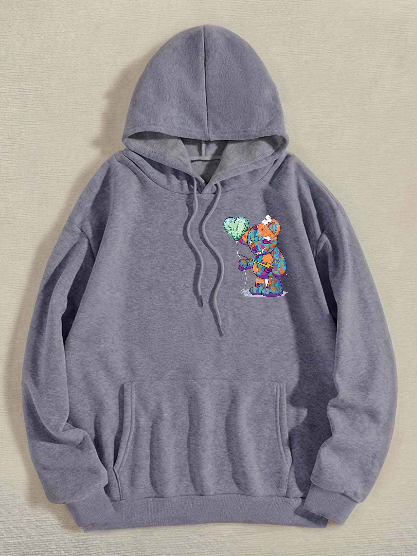 1pc Winter Cartoon Bear Applique Hoodie for Women, Cute Polyester Knit Fabric Hooded Sweatshirt with Heart Balloon Design