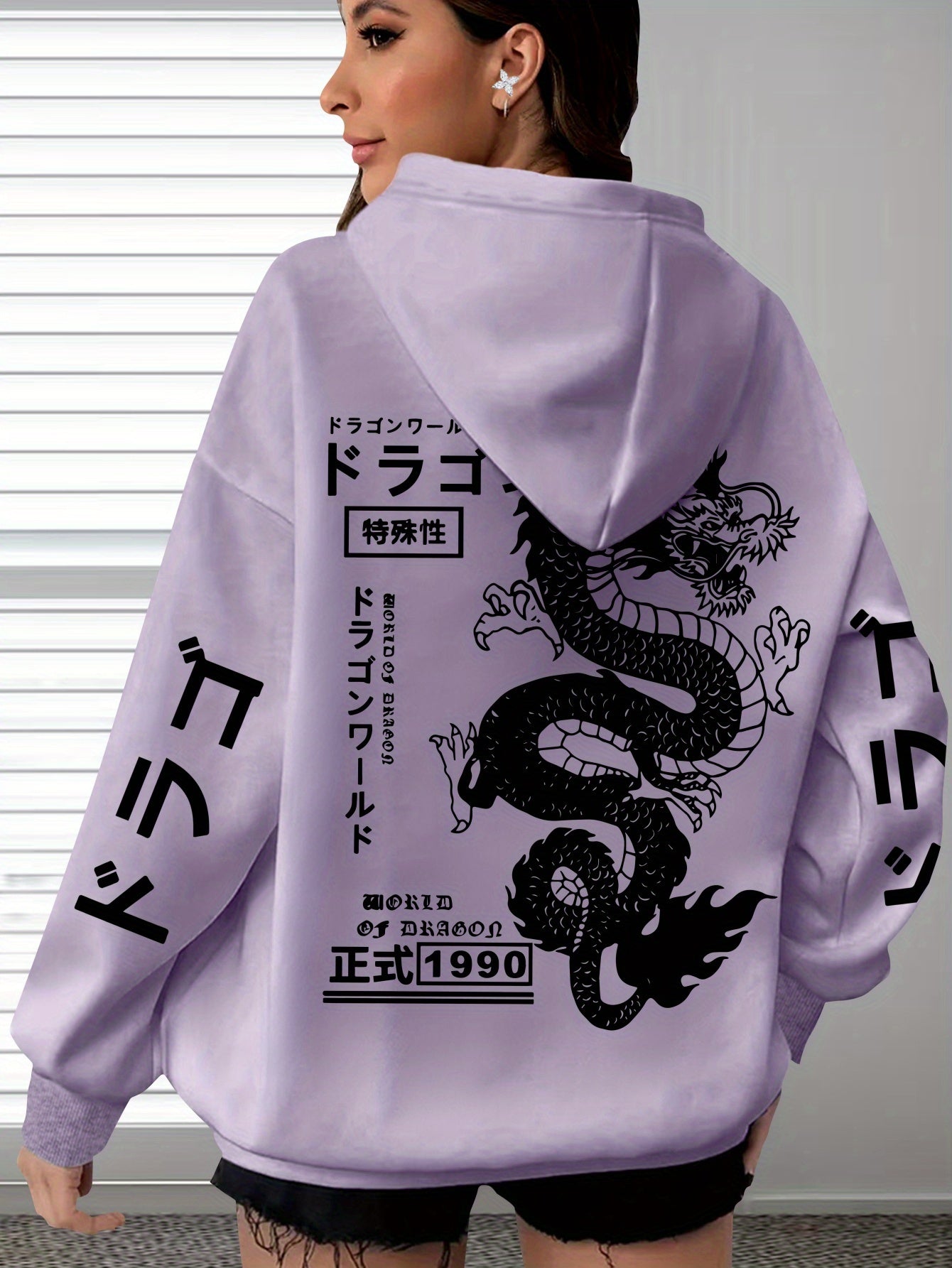Women's Plus Size Casual Hoodie with Dragon & Letter Print - Cozy Knit, Long Sleeve, Drawstring Pullover