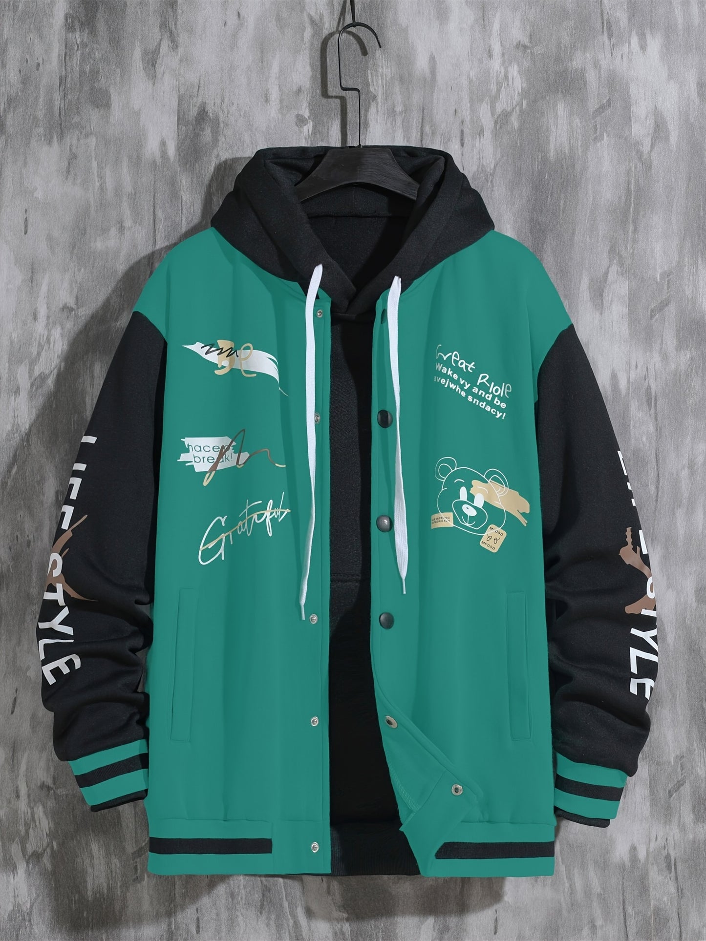 Men'S Casual Baseball Jacket, Polyester 100% Knit Fabric, Long Sleeve with Alphabet Pattern, Regular Length, Button Closure, Baseball Collar, Single Breasted Placket, Loose Fit, 200g/m² Weight - Spring/Fall Fashion