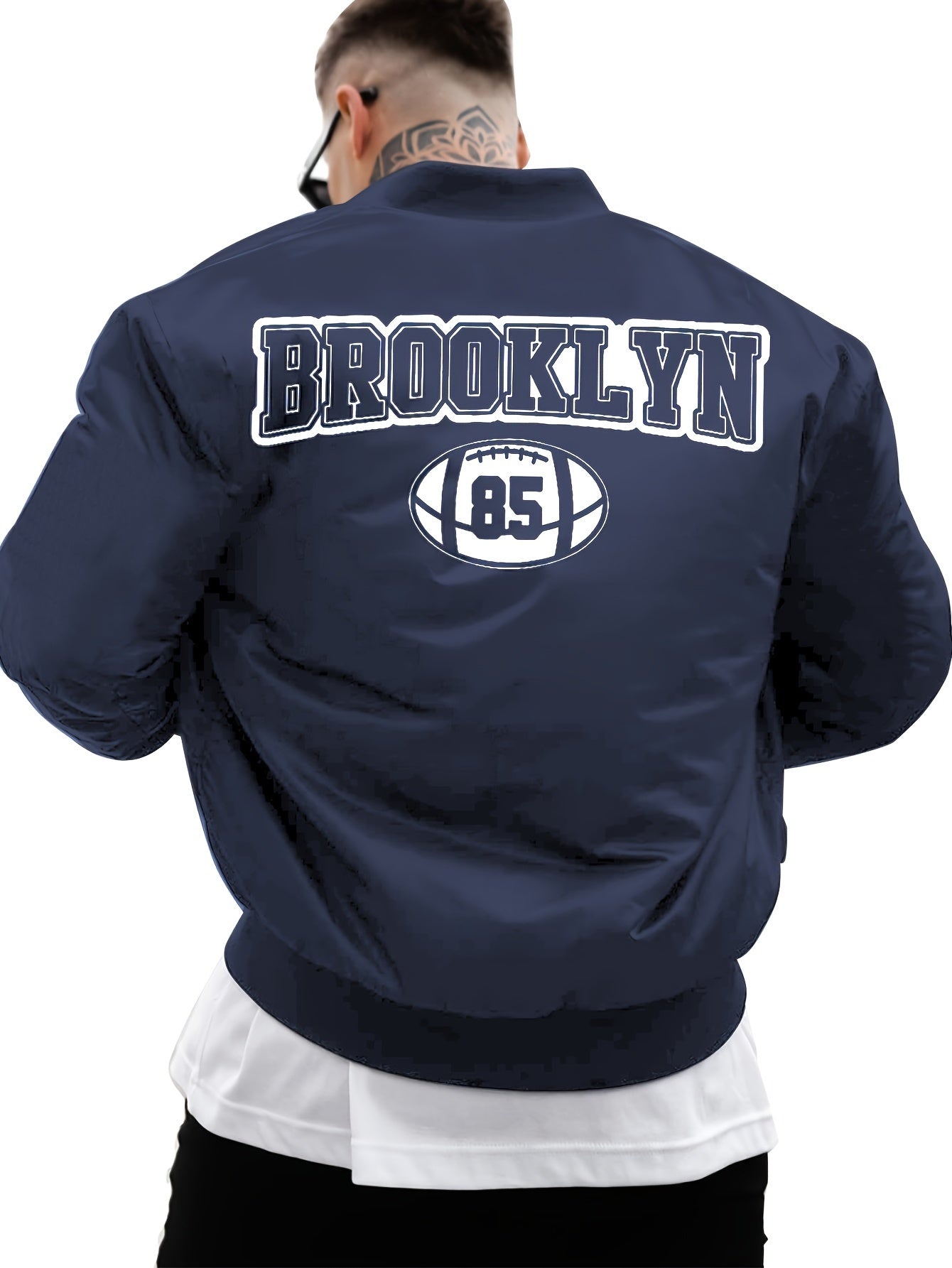 1pc Men'S Casual Bomber Jacket, Polyester 100% Lightweight Windbreaker, Letter Print, Baseball Collar, Long Sleeve, Regular Fit with Pockets, Zippered Front - Daily and Leisure Wear