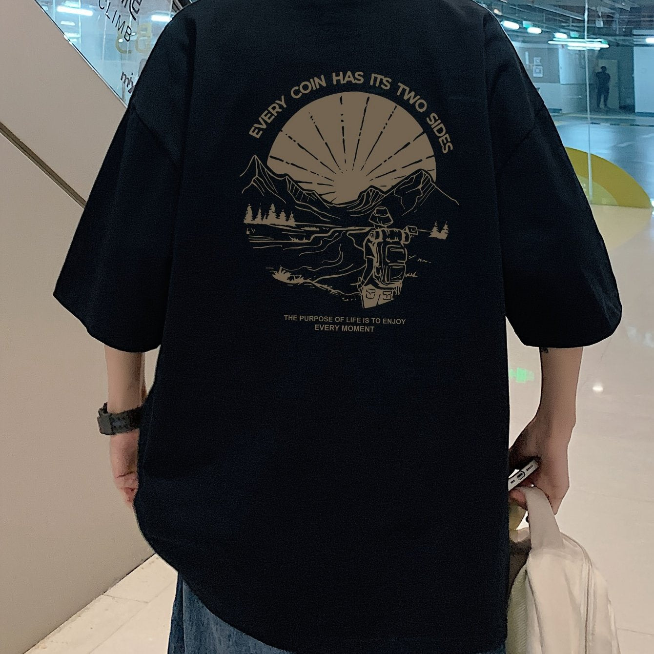 Men's Loose 100% Cotton Mountain Graphic Print T-shirt, Casual Short Sleeve Crew Neck Tee, Men's Clothing For Summer Outdoor