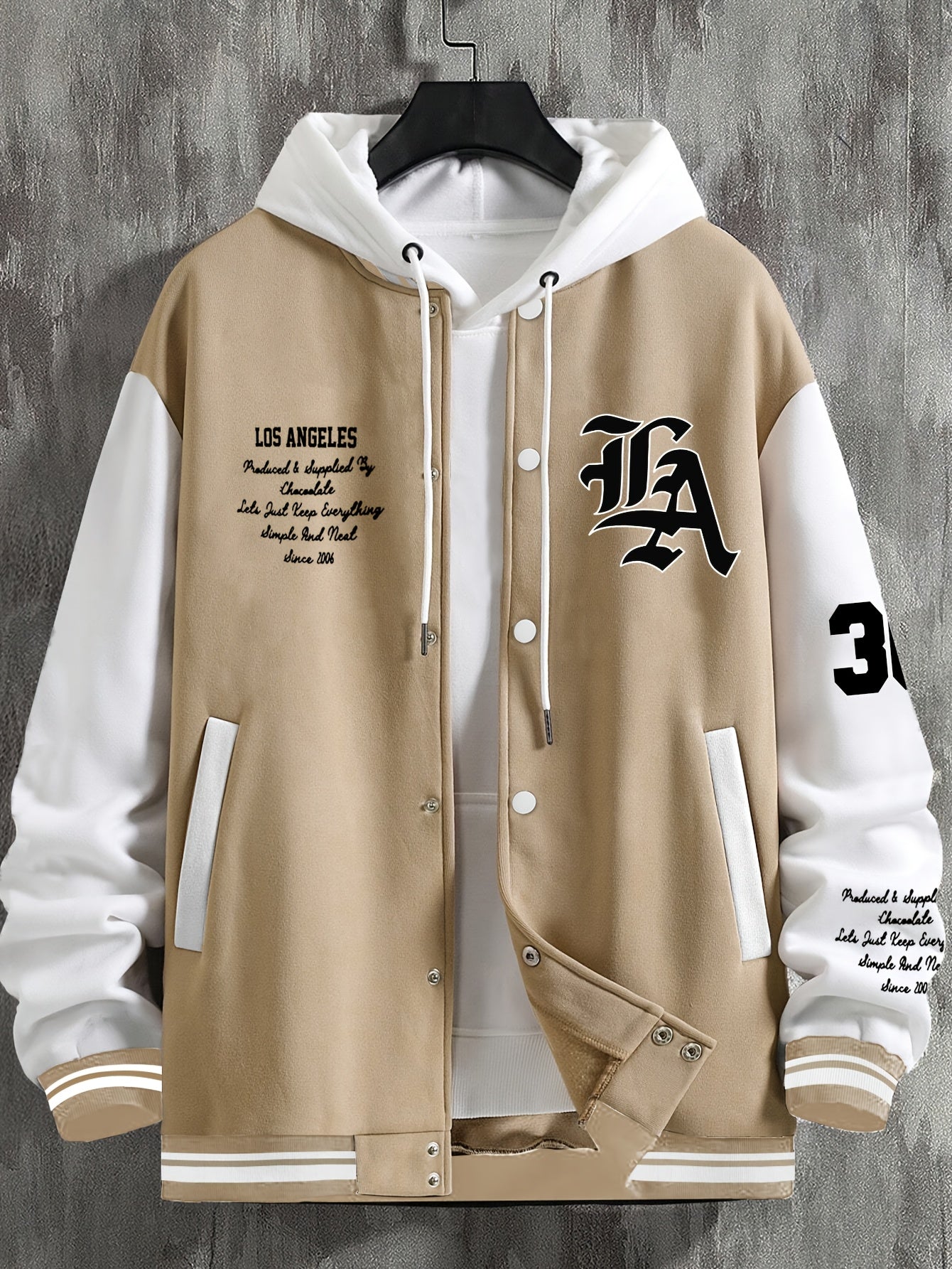 Men'S Casual LA Geometric-Pattern Baseball Jacket, 100% Polyester Knit Fabric, Regular Fit, with Slight Stretch, Button Closure and Polyester Lining, for All-Season Outerwear