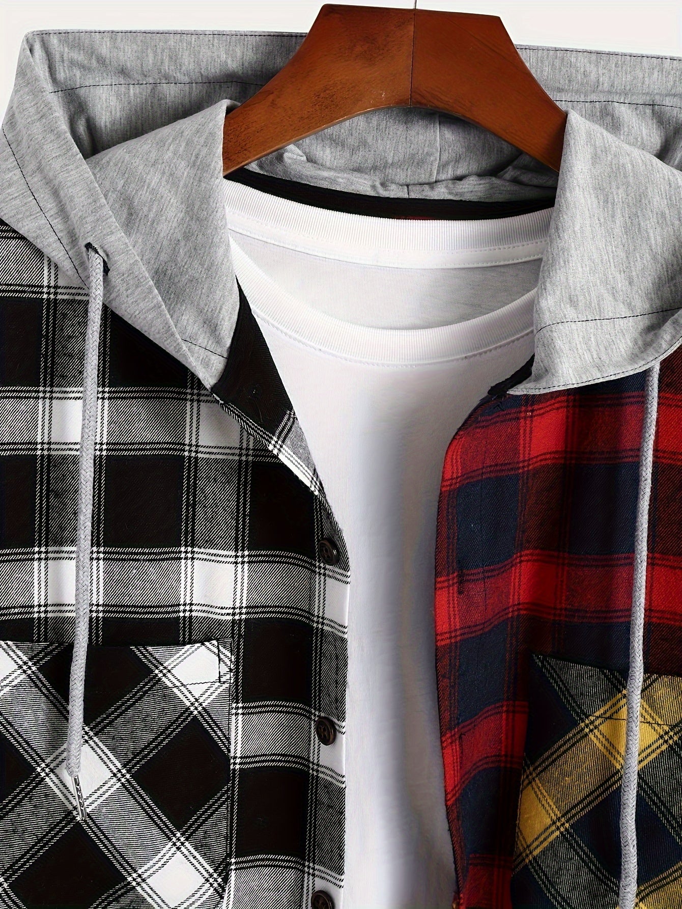 Casual Plaid Hoodie for Men - 100% Polyester Hooded Sweatshirt with Drawstring and Pocket Detail, Non-Stretch Woven Fabric, Perfect for Spring/Fall